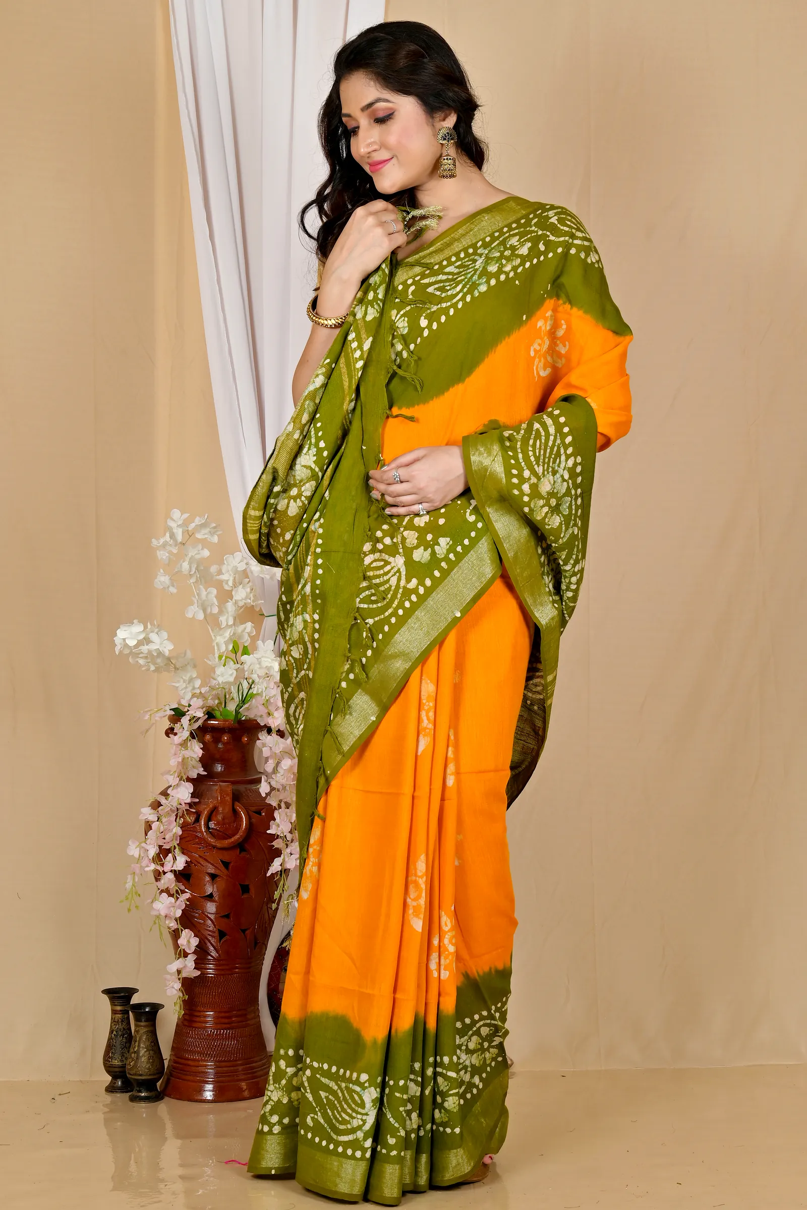 Yellow Green Pure Cotton Batikato Batik Print Saree (1770)