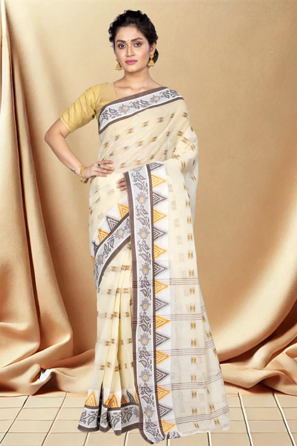 Brown Pure Cotton Alkari Tant Saree (179)