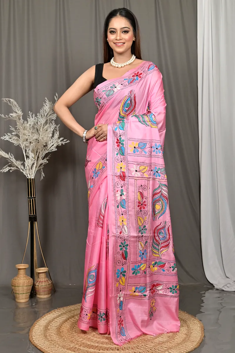 Pink Cotton Bolpur Kantha Stitch Saree (18)