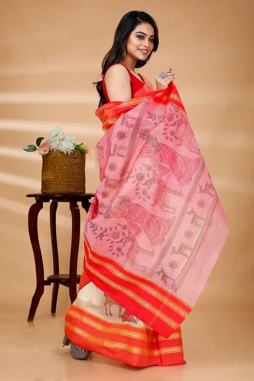 Red Pure Cotton Sakuntala Tant Saree Print (1829)