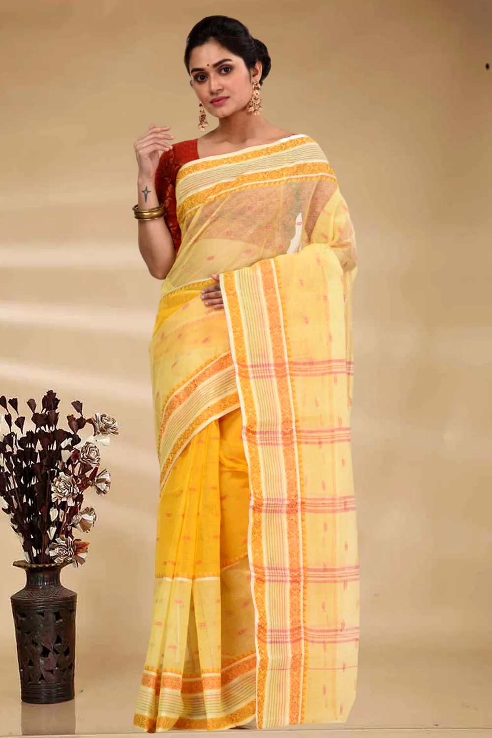 Yellow Pure Cotton Debdash Tant Saree (1852)