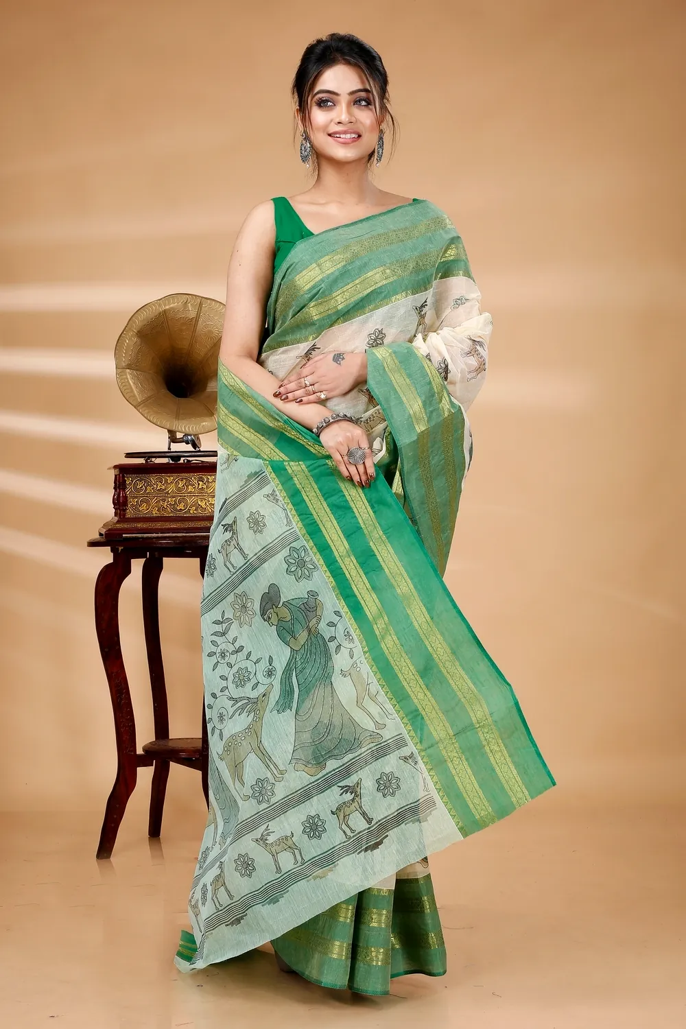 Green Pure Cotton Sakuntala Tant Saree Print (1853)