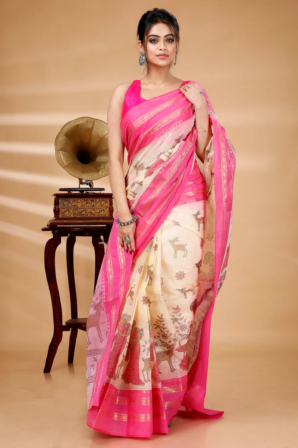 Pink Pure Cotton Sakuntala Tant Saree Print (1855)