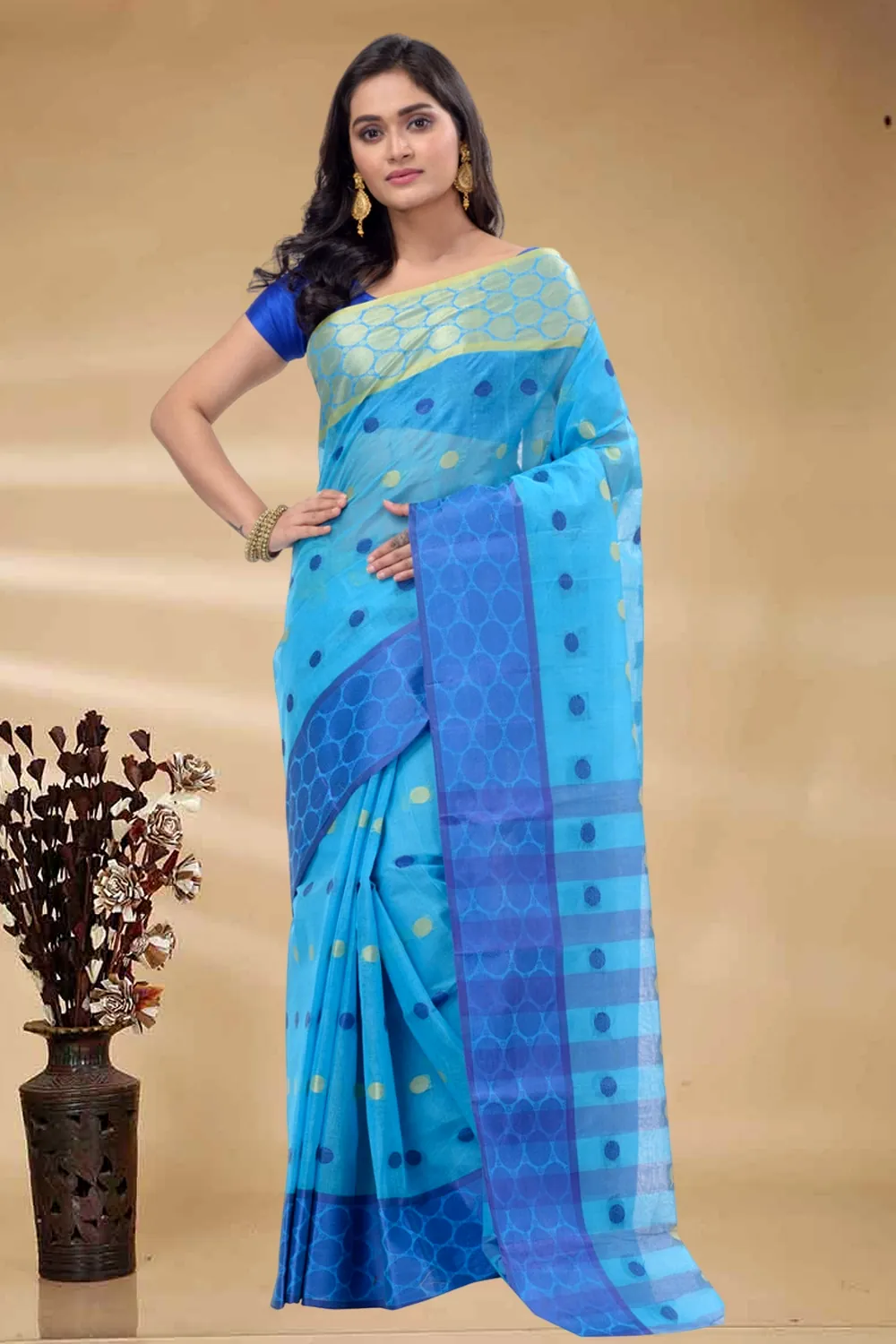 Blue Pure Cotton Ganga Jamuna Tant Saree (1861)