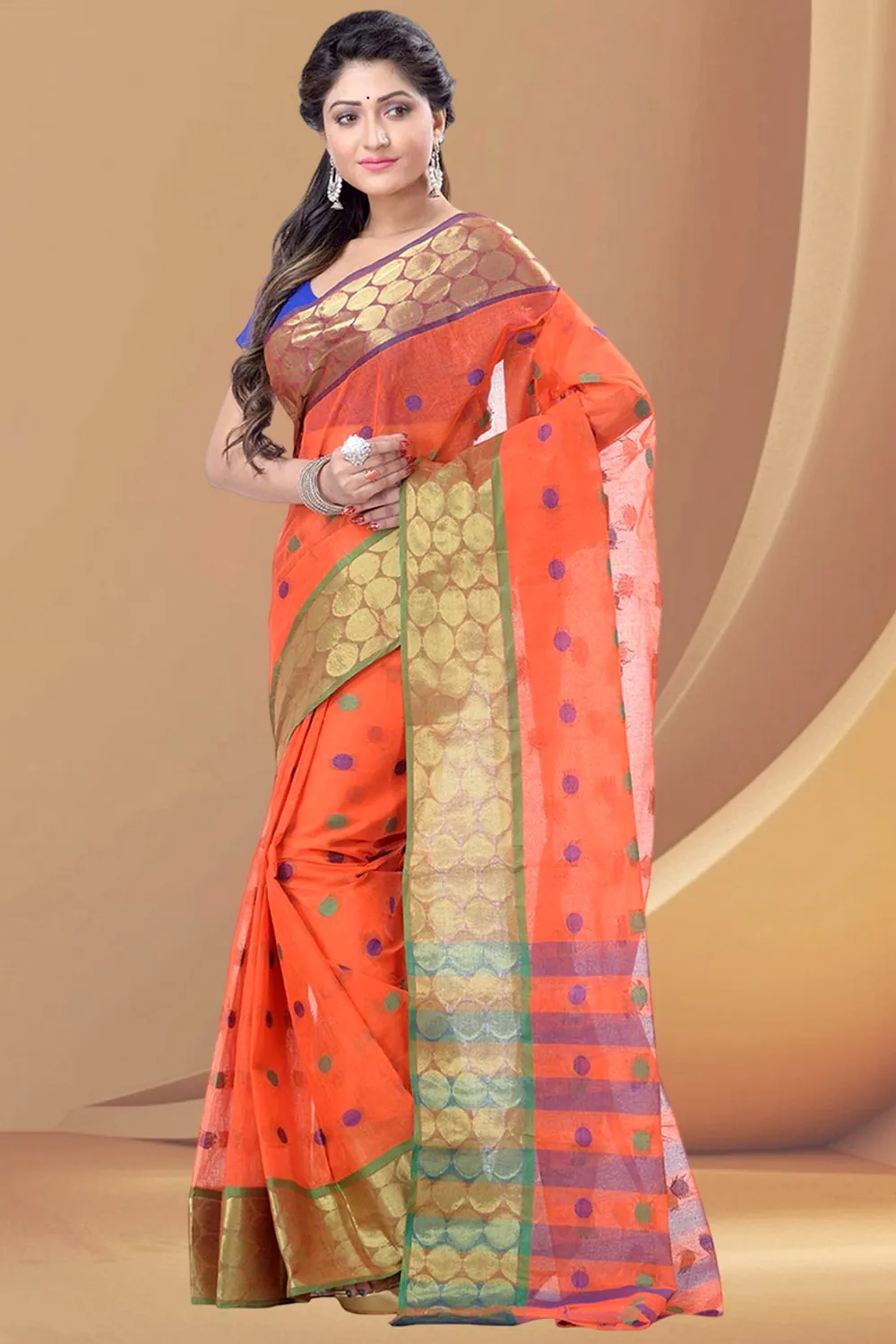 Orange Pure Cotton Ganga Jamuna Tant Saree (1864)