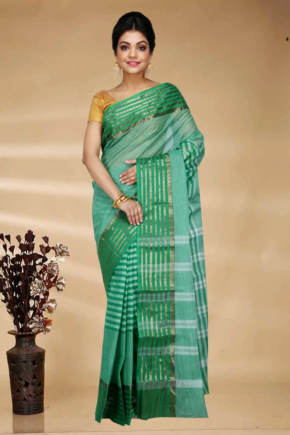 Green Pure Cotton Zori Border Tant Saree (1876)
