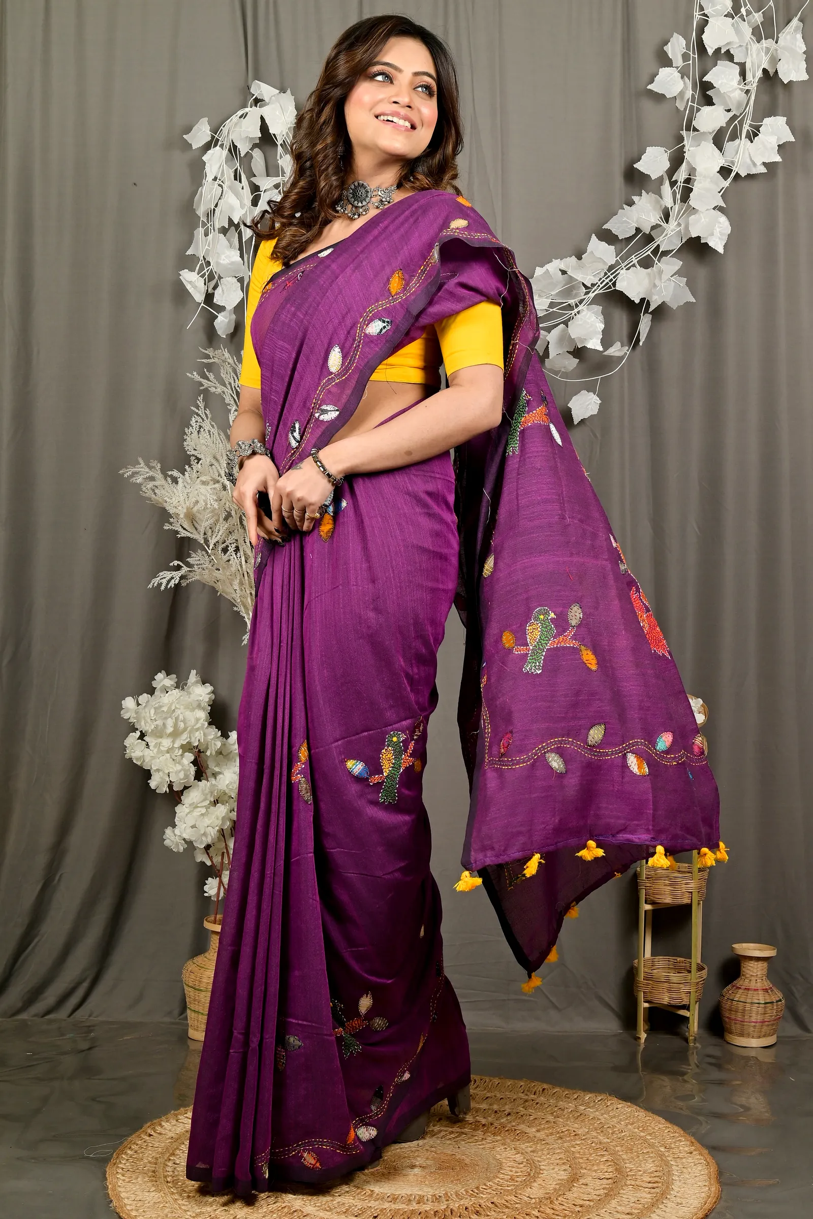 Orchid Purple Pure Cotton Pakhi Kantha Stitch Saree (1877)