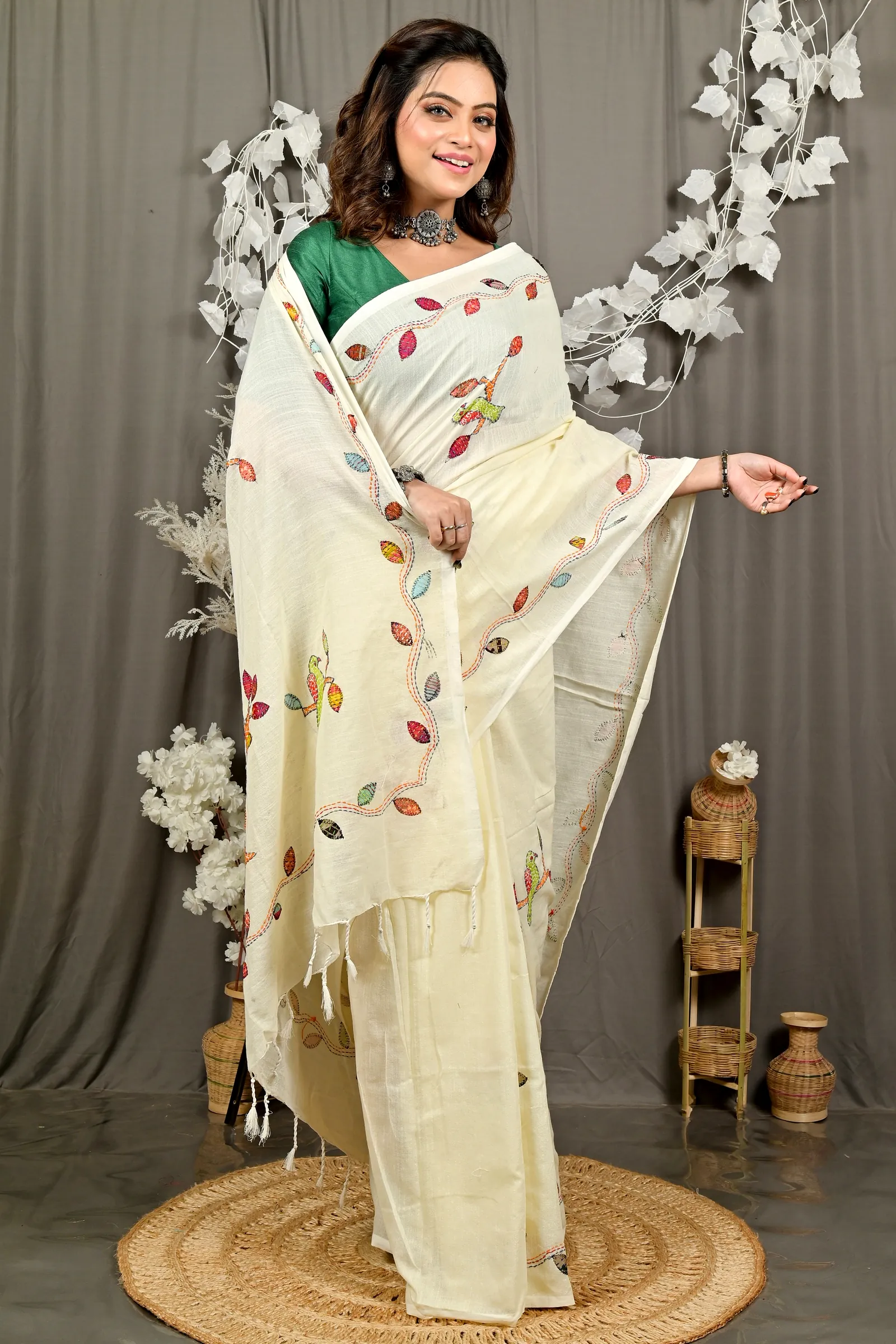 Off-White Pure Cotton Pakhi Kantha Stitch Saree (1878)