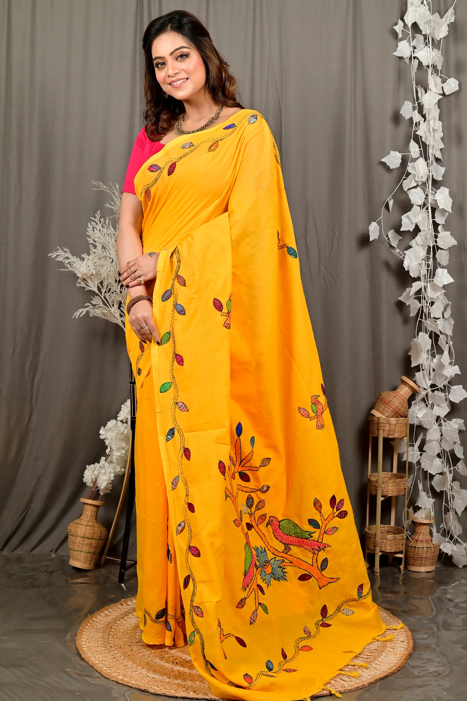 Yellow Pure Cotton Pakhi Kantha Stitch Saree (1881)