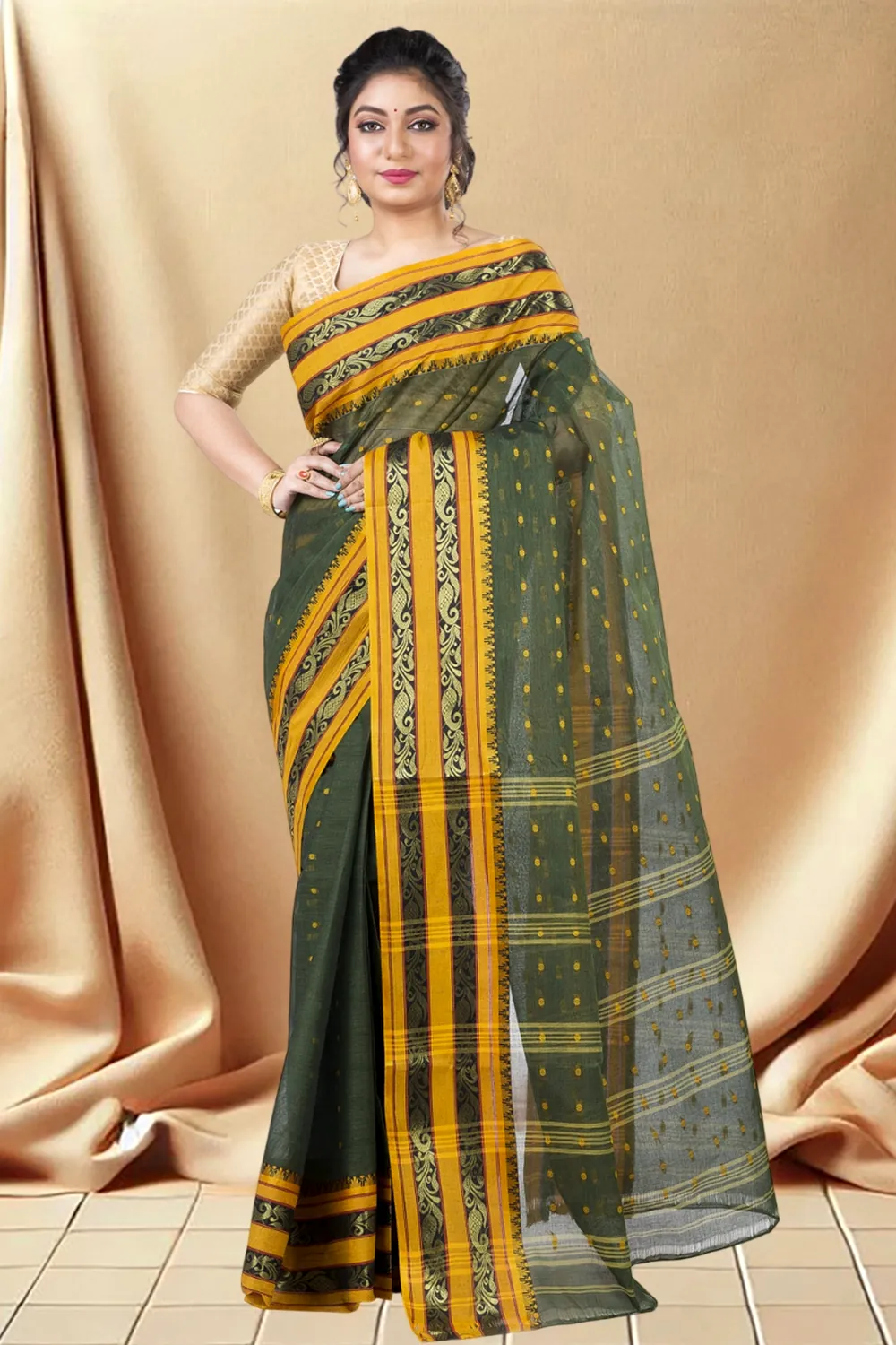 Beige Pure Cotton Alpona Tant Saree (189)