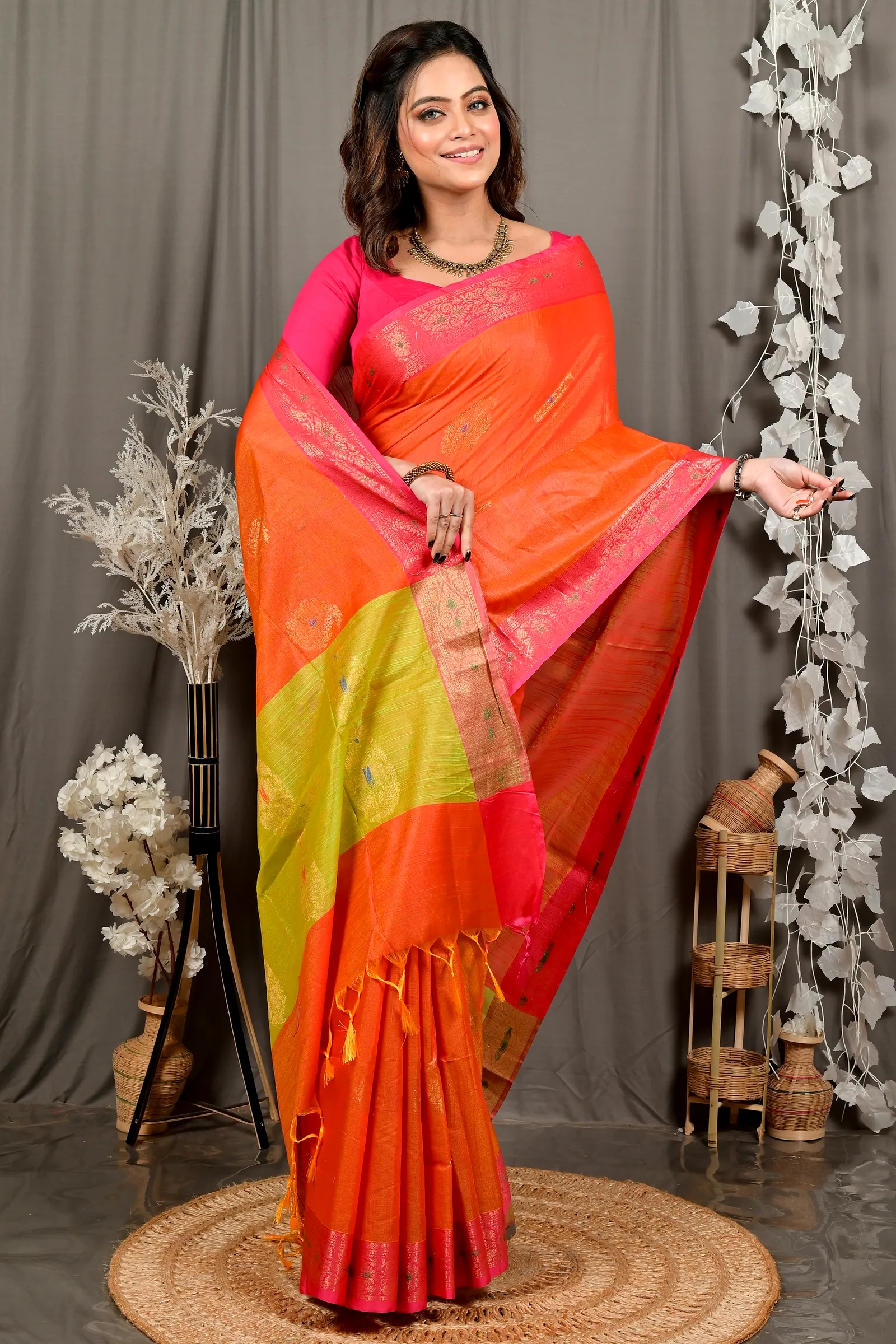 Orange Green Cotton Blend Daymin Hand Loom Saree (1898)