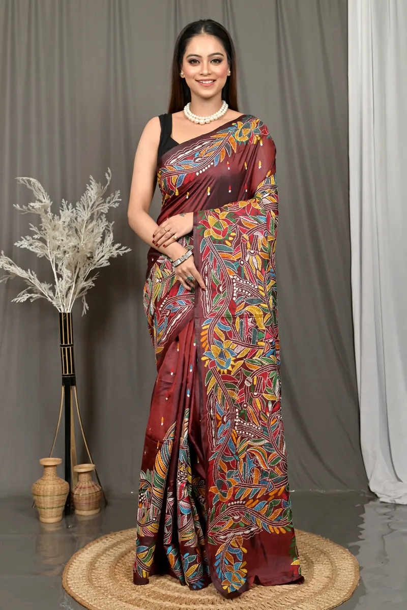 Maroon Cotton Bolpur Kantha Stitch Saree (19)