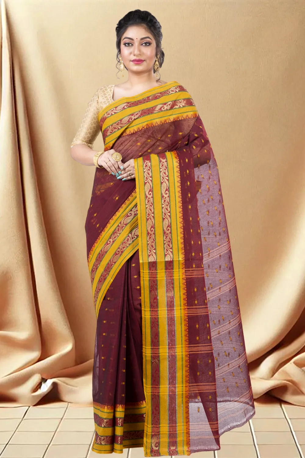 Beige Pure Cotton Alpona Tant Saree (190)