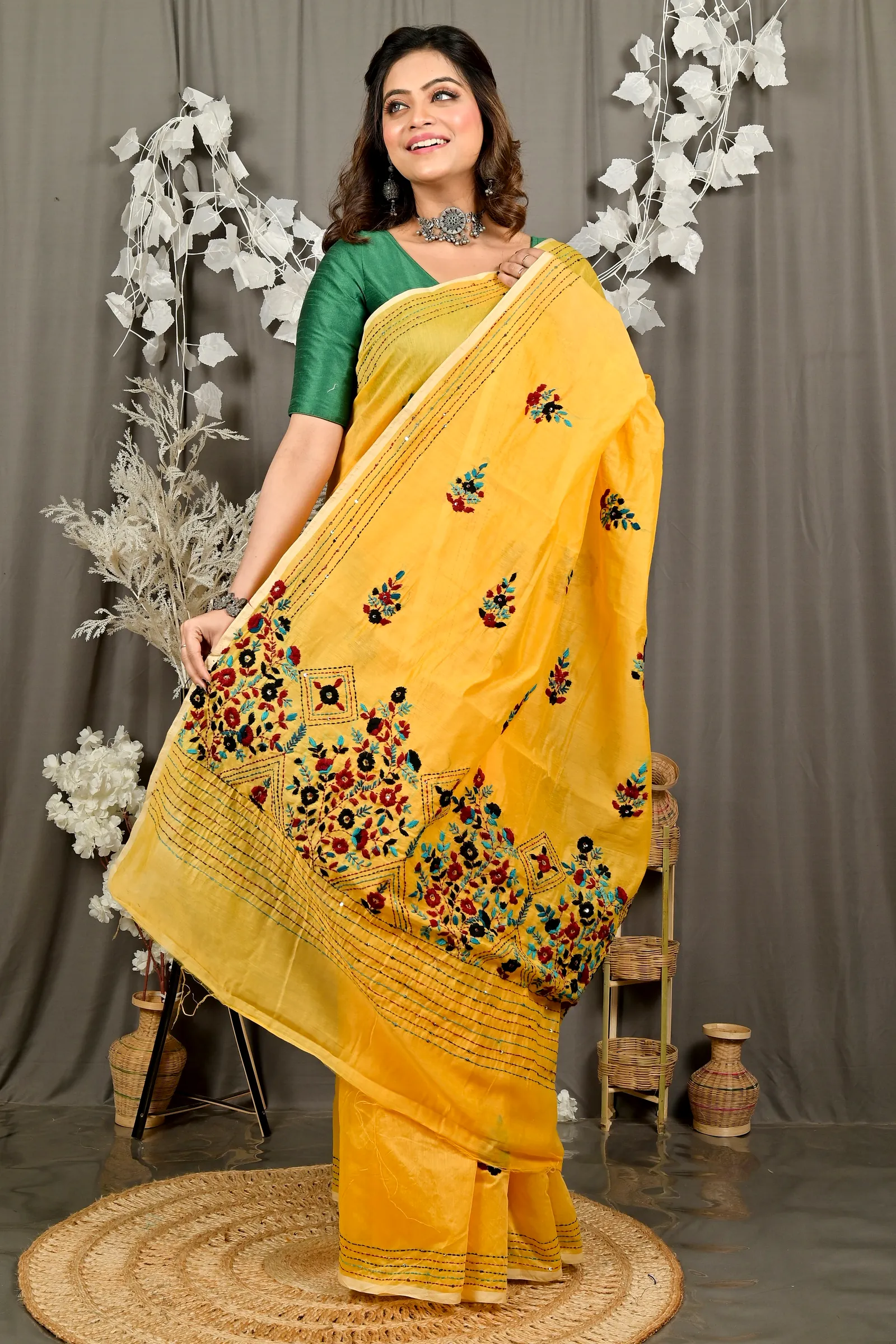 Yellow Cotton Blend Dayki Kantha Stitch Saree (1903)