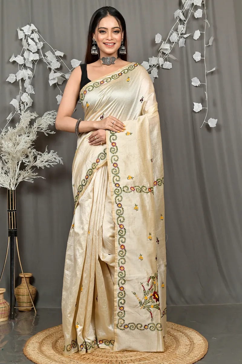 Cream Cotton Varitikath Kantha Stitch Saree (1927)
