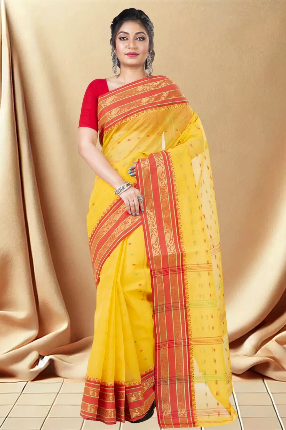 Beige Pure Cotton Alpona Tant Saree (193)