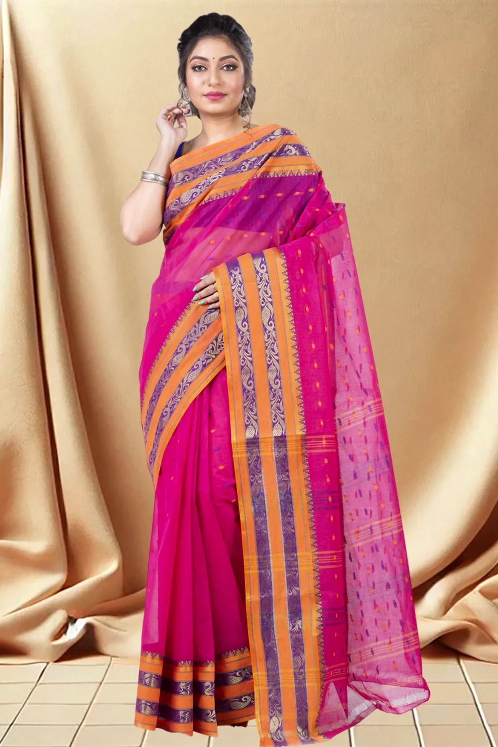 Beige Pure Cotton Alpona Tant Saree (194)
