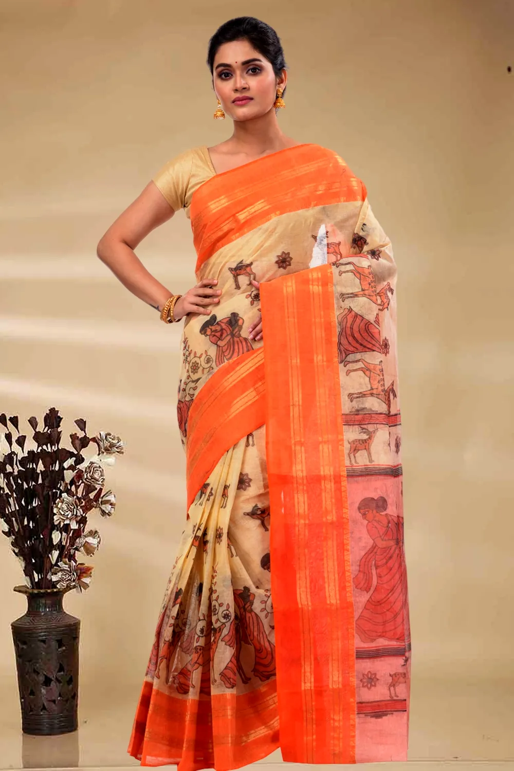 Orange Pure Cotton Sakuntala Tant Saree Print (1955)