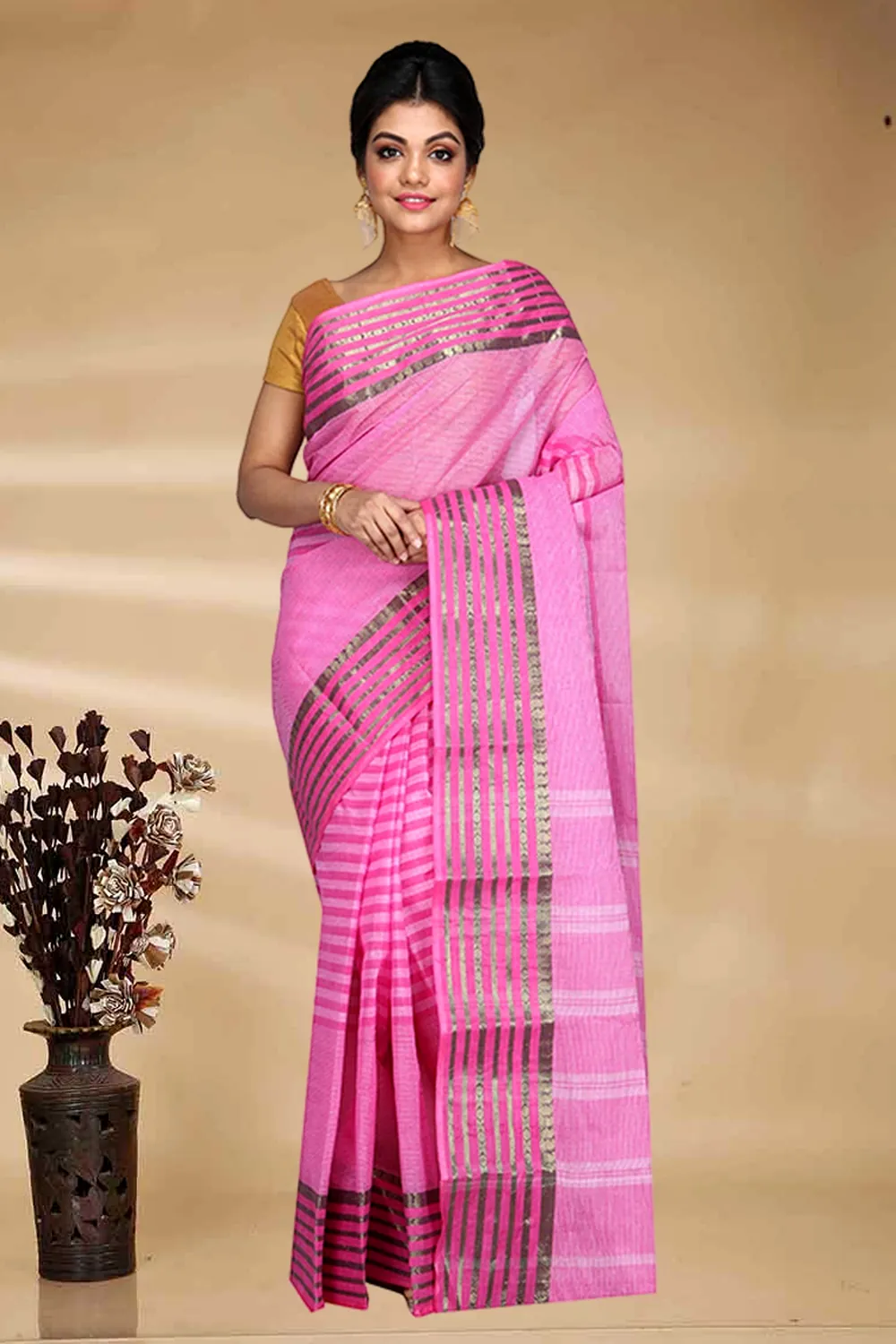 Pink Pure Cotton Zori Border Tant Saree (1963)