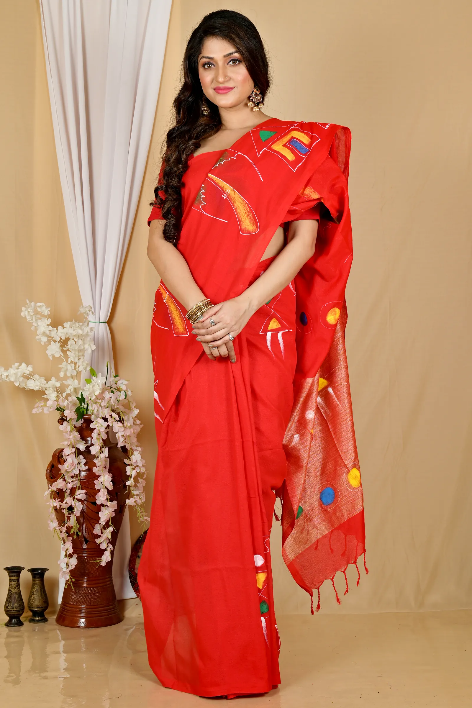Red Pure Cotton Keshaka Hand Painted Saree (1984)