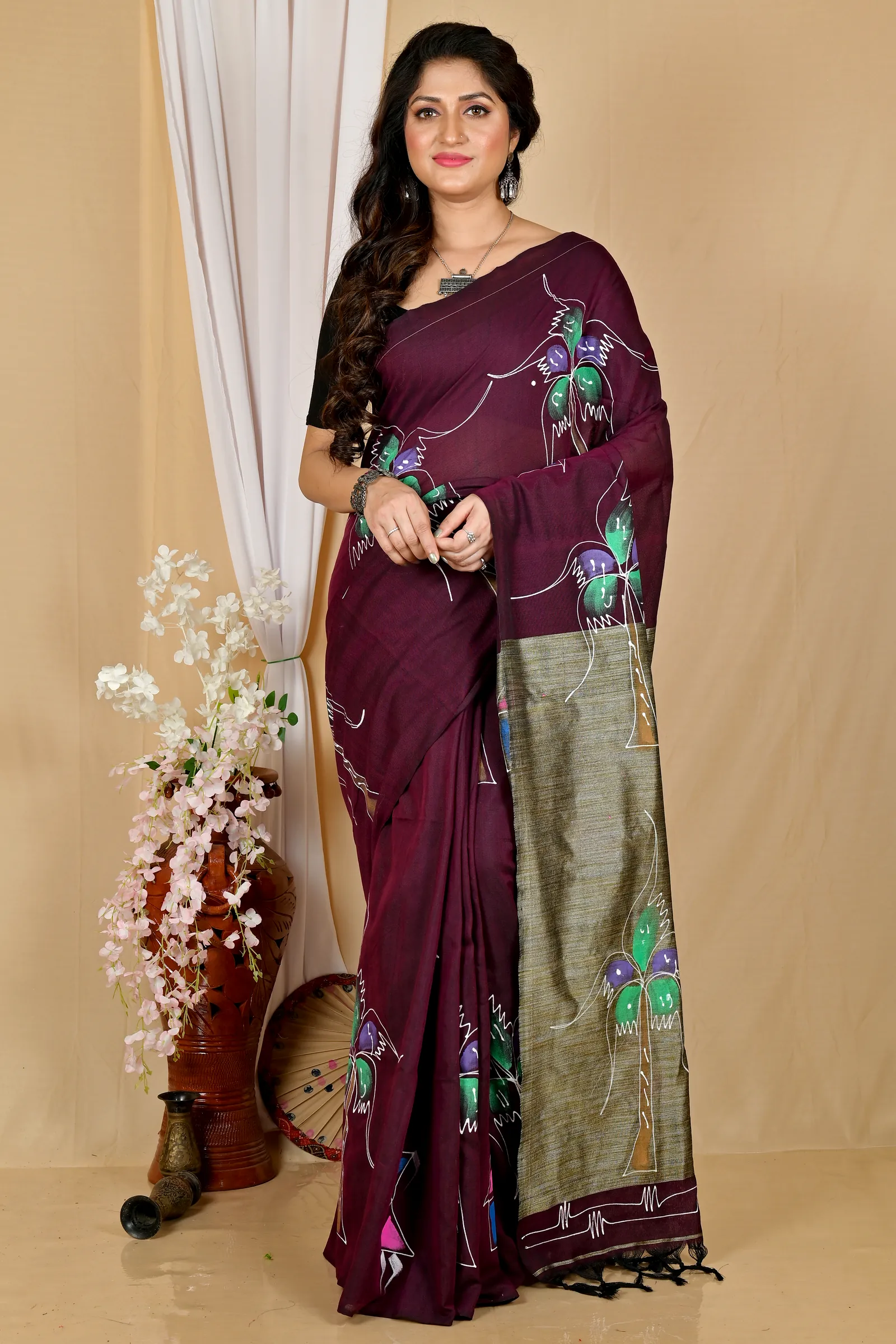 Drak Brown Pure Cotton Keshaka Hand Painted Saree (1986)