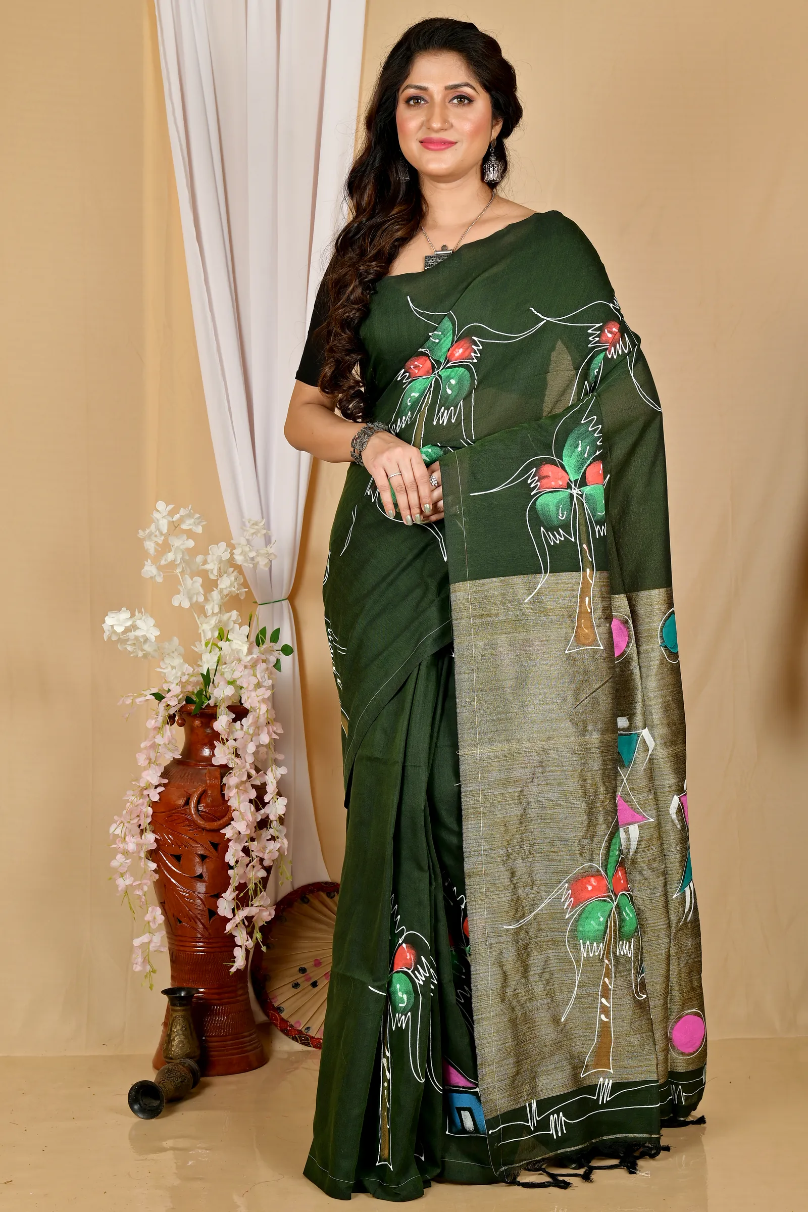 Dark Green Pure Cotton Keshaka Hand Painted Saree (1988)