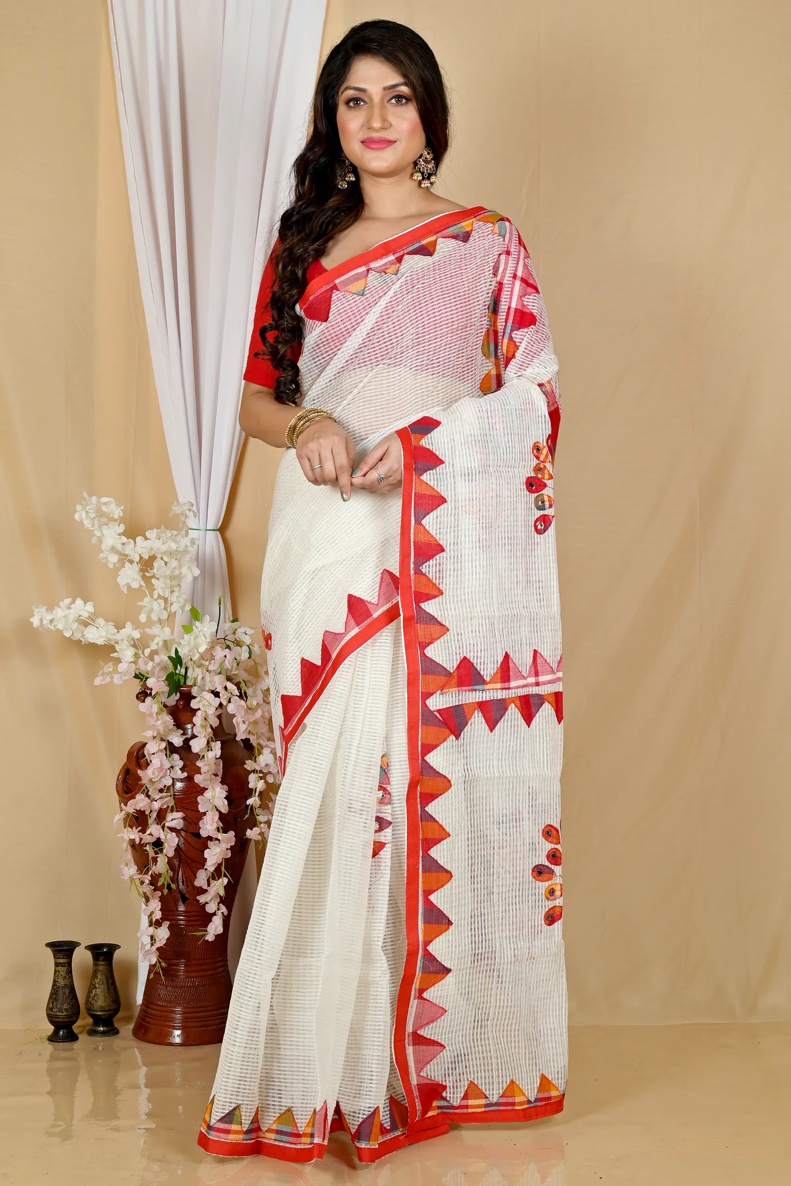 White Red Blended Cotton Aplika Applique Saree (1993)