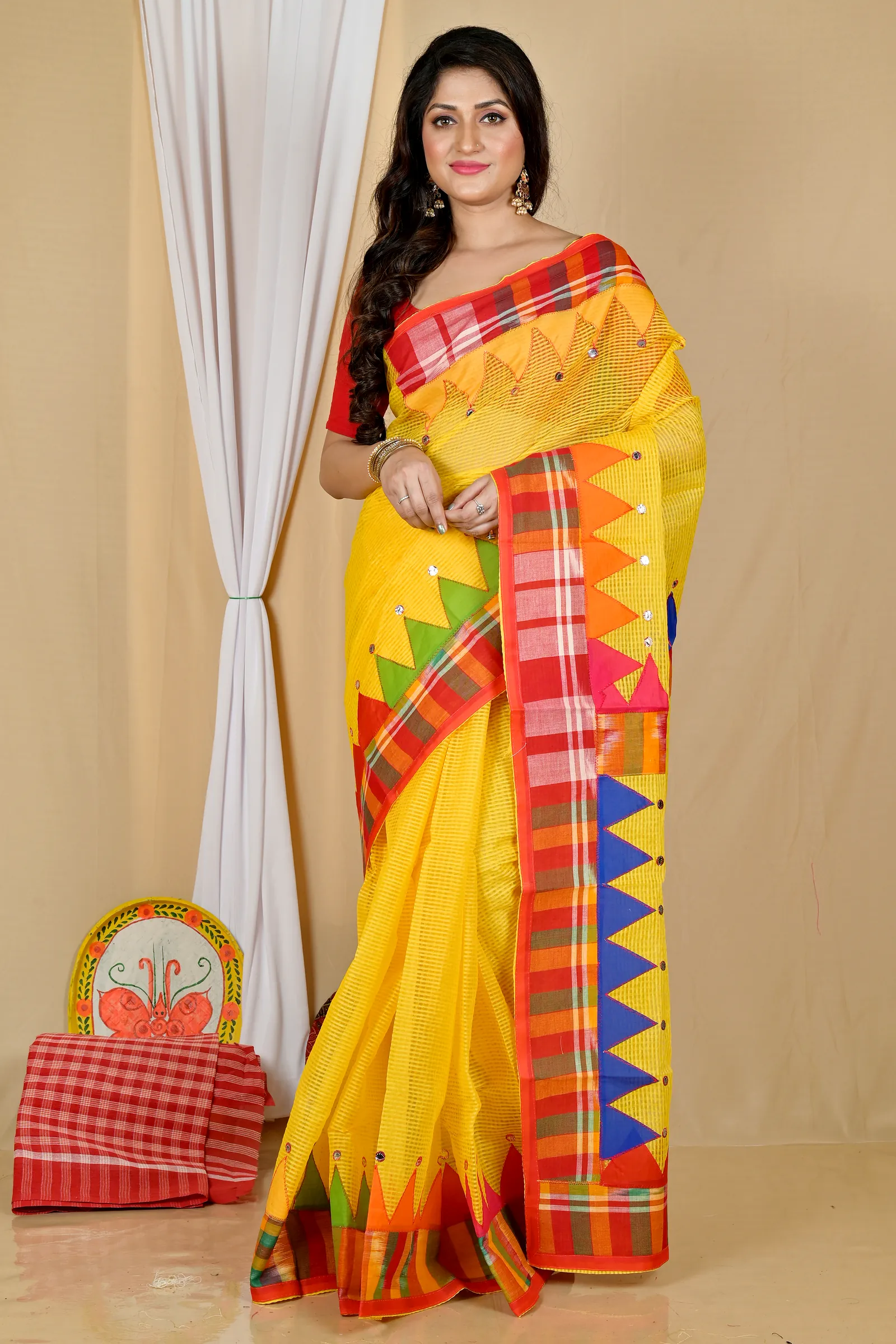 Yellow Blended Cotton Aplika Applique Saree (1996)