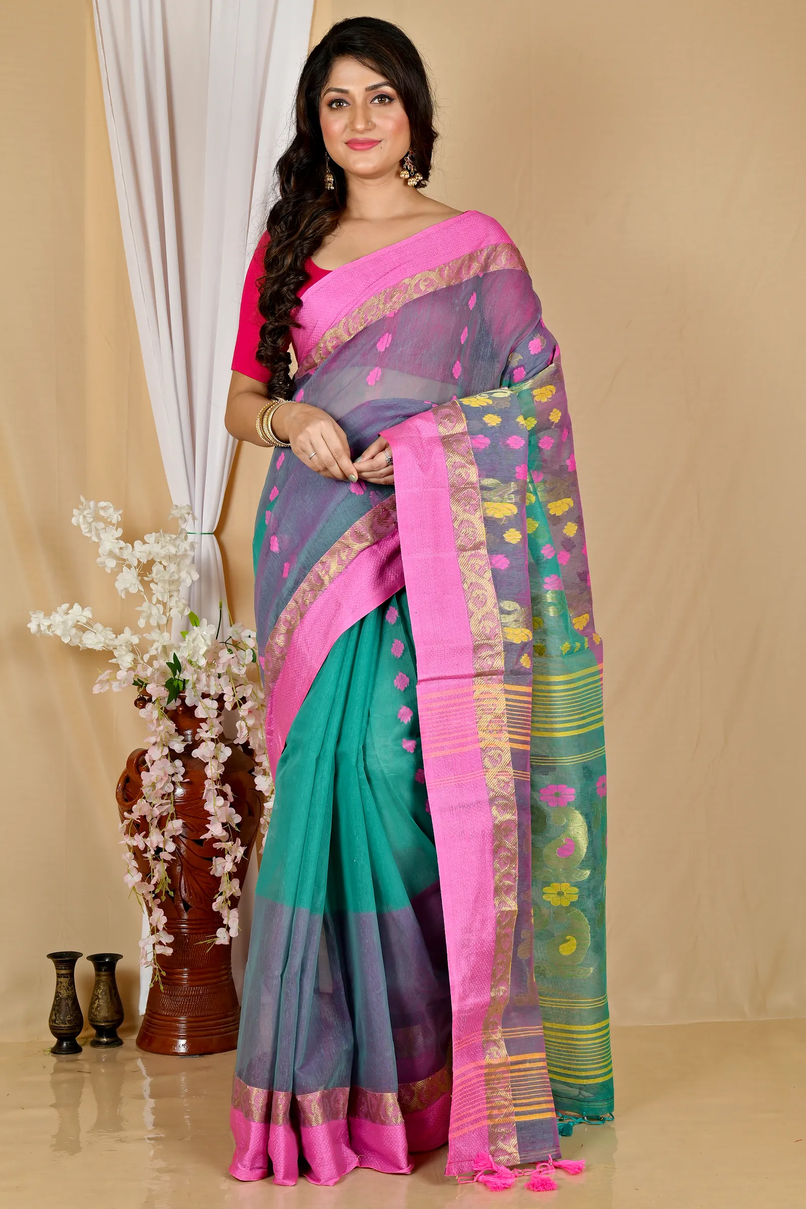 Green Pink Pure Cotton Madhka Tant Saree (1997)