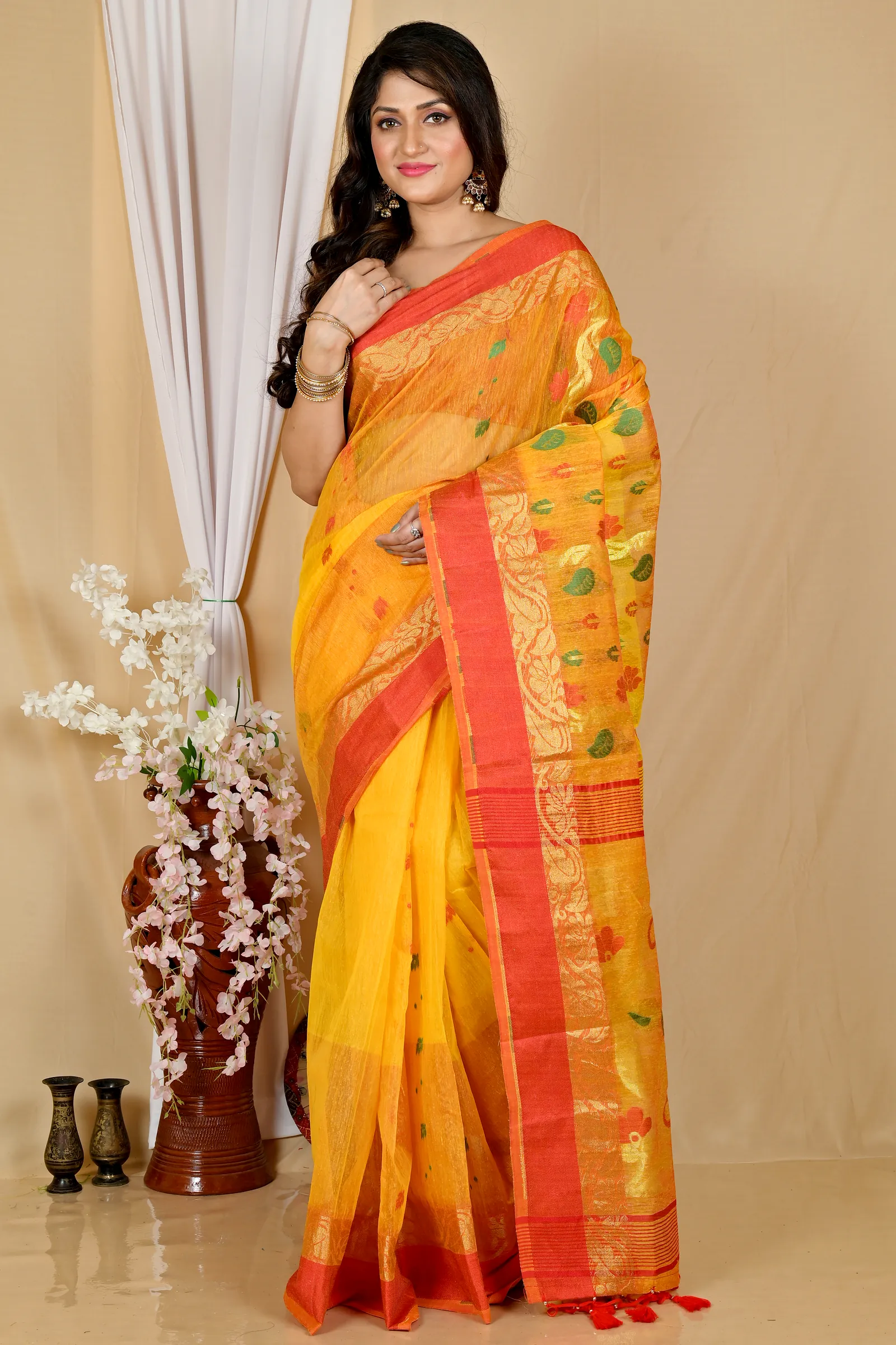 Yellow Red Pure Cotton Madhka Tant Saree (1999)