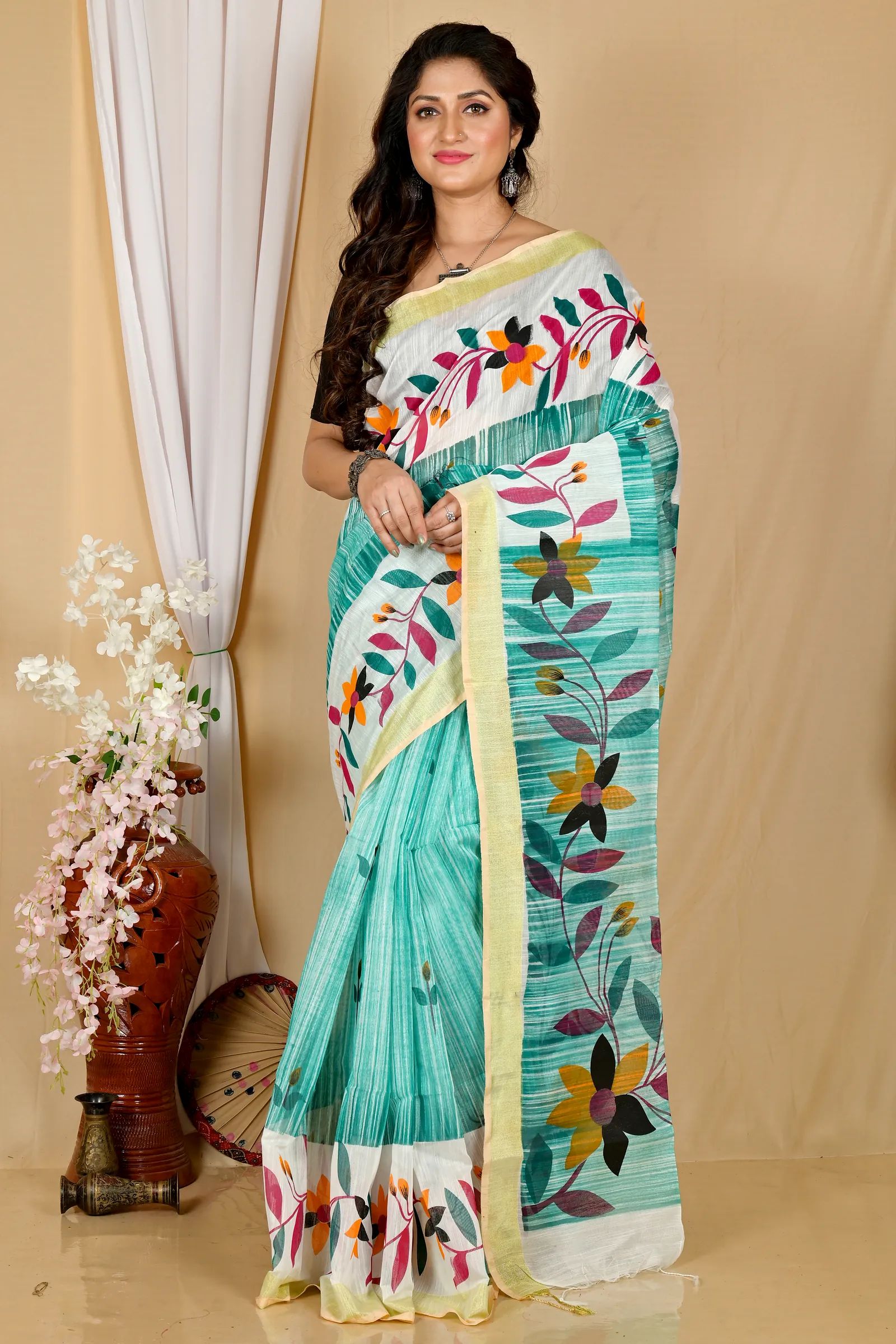 See Green Blended Cotton Korel Printed Handloom Saree (2009)