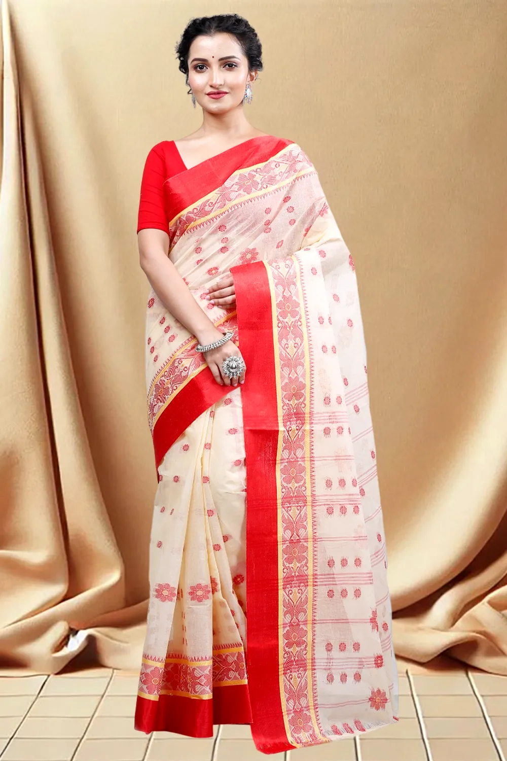 Cream Red Pure Cotton BolLata_Tant Tant Saree (201)