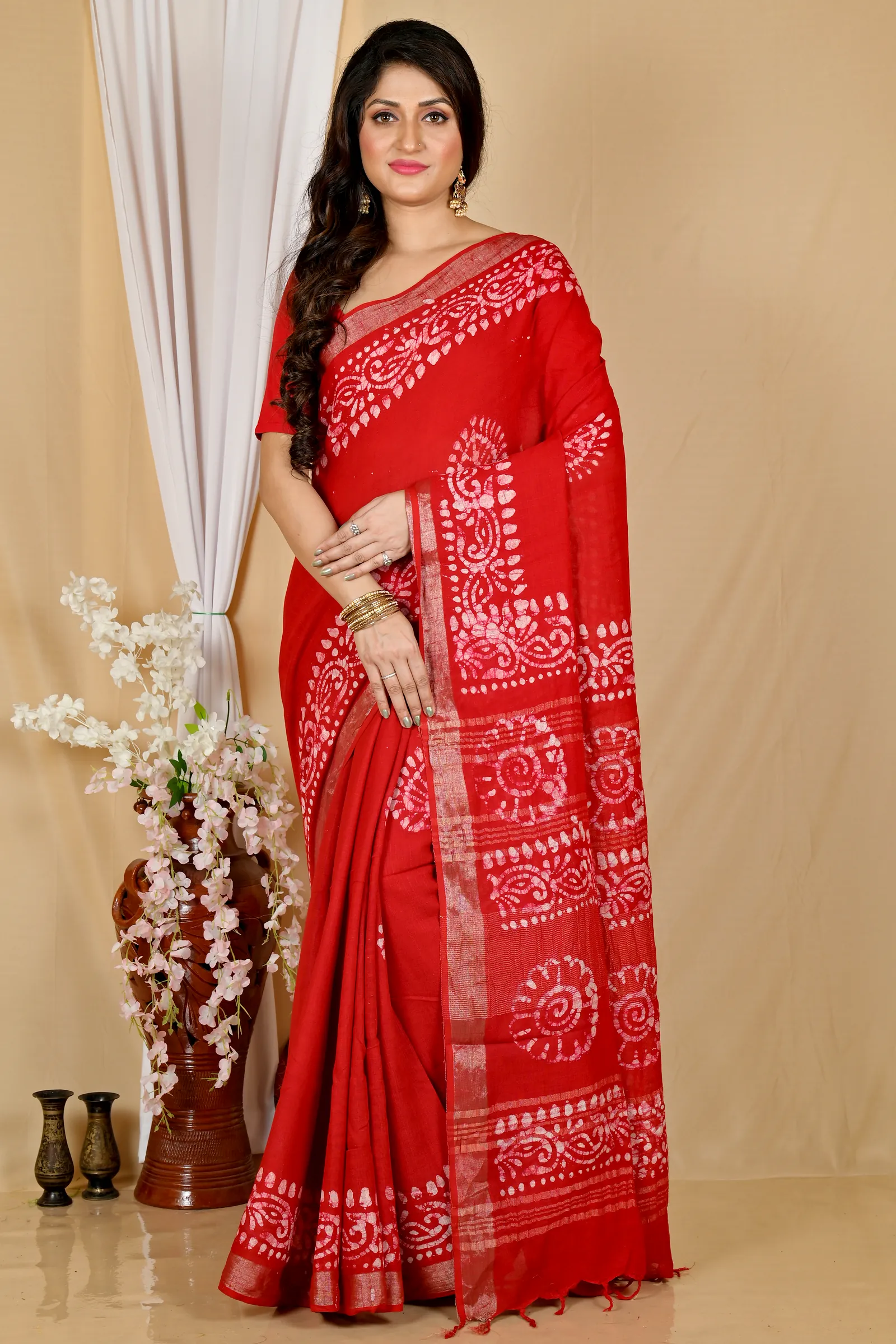 Red Pure Cotton Batika Boll Batik Print Saree (2014)