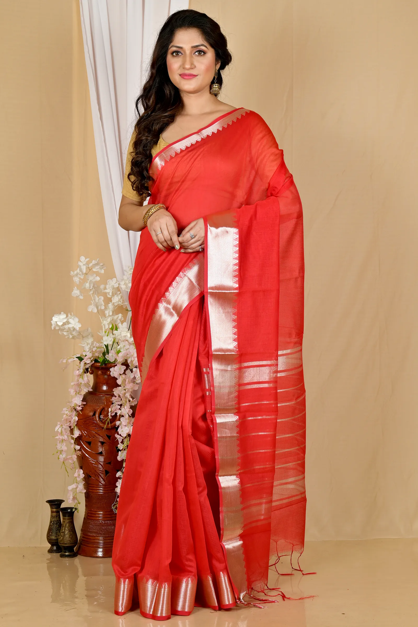 Red Cotton Silk Sikra Hand Loom Saree (2017)