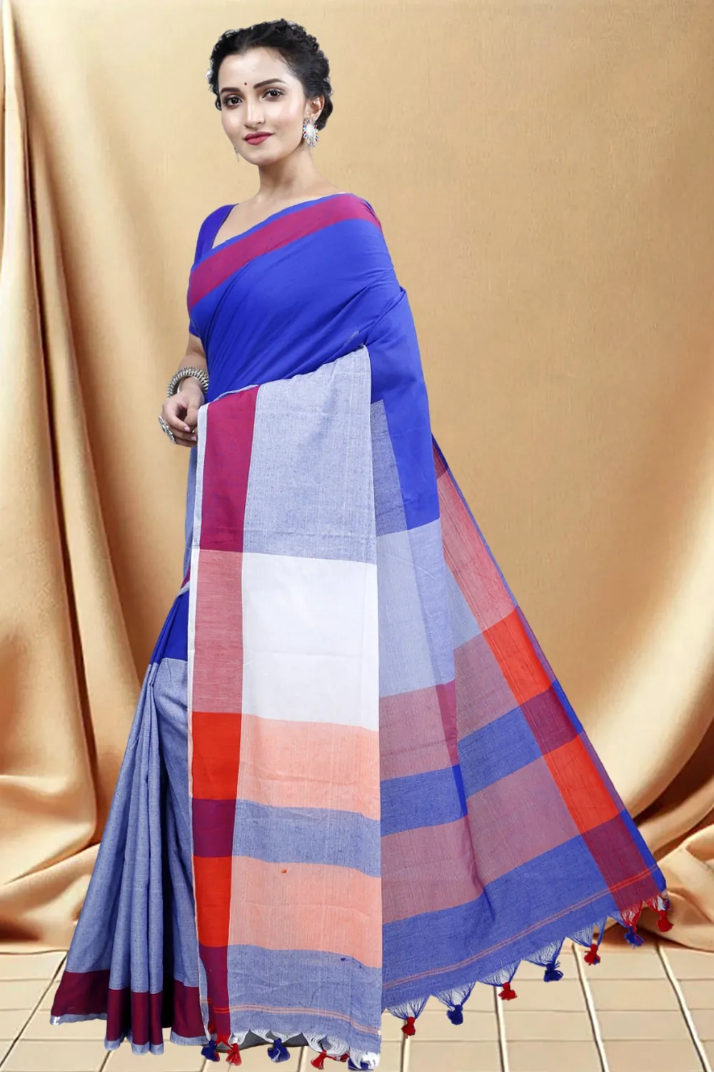 Blue Grey Pure Cotton Kousiki Hand Loom Saree (202)