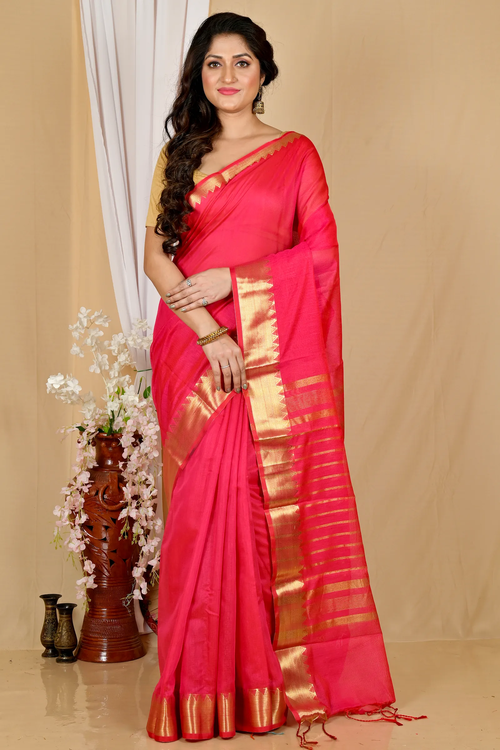 Rani Pink Cotton Silk Sikra Hand Loom Saree (2020)