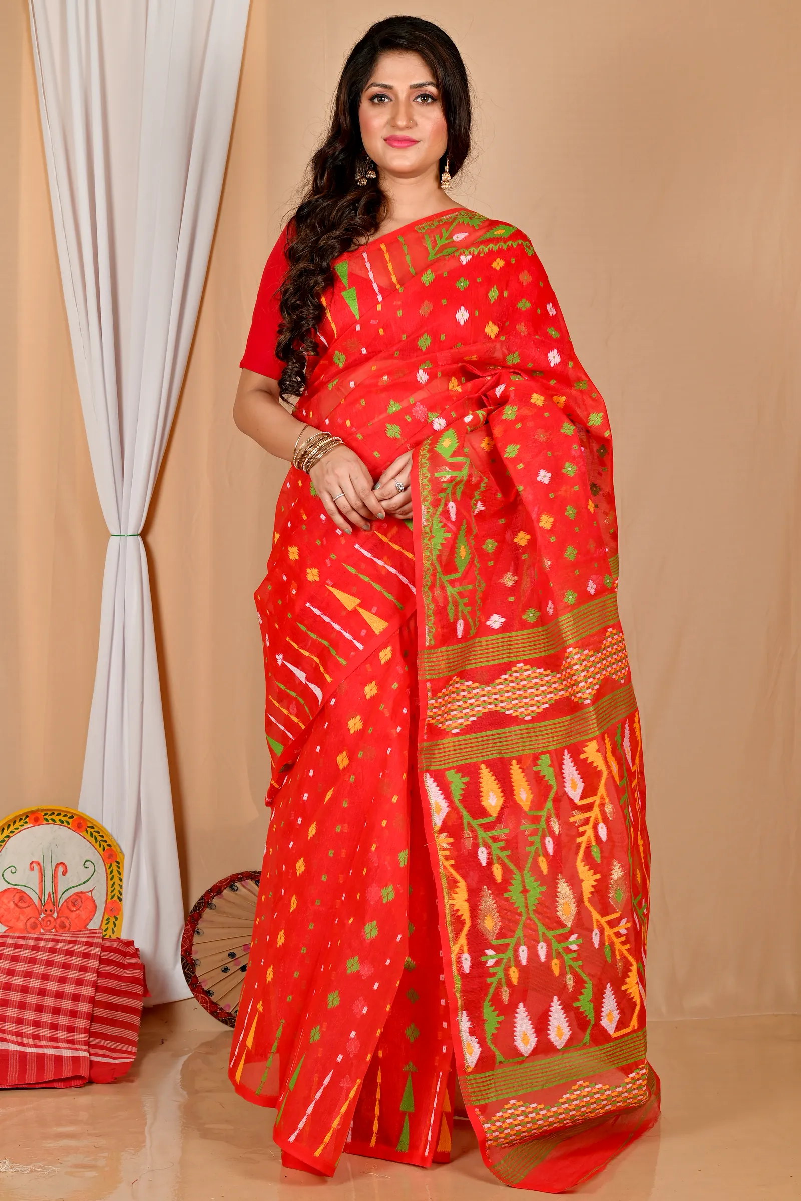 Red Blended Cotton Rapkol Jamdani Saree (2022)