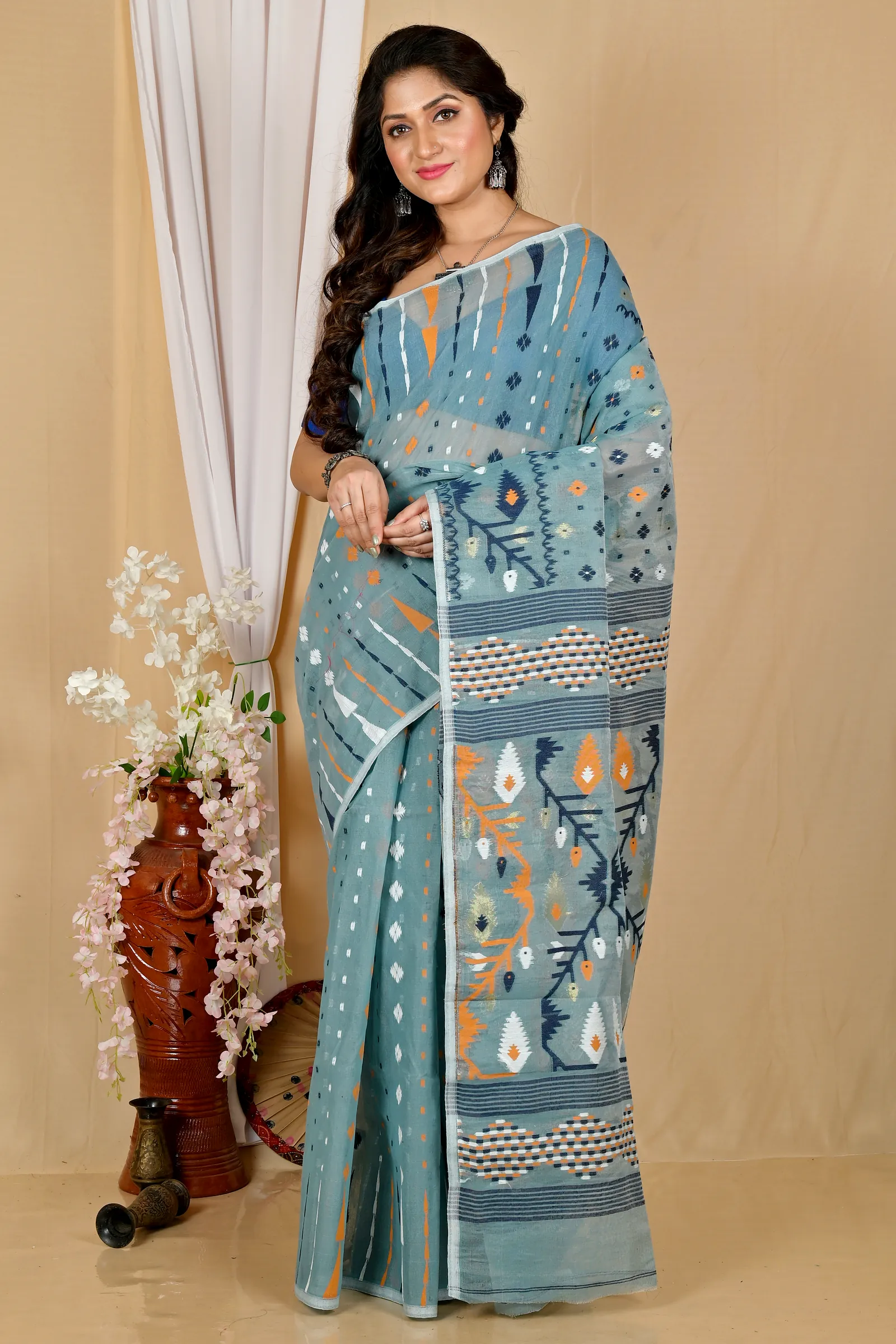 See Green Blended Cotton Rapkol Jamdani Saree (2023)