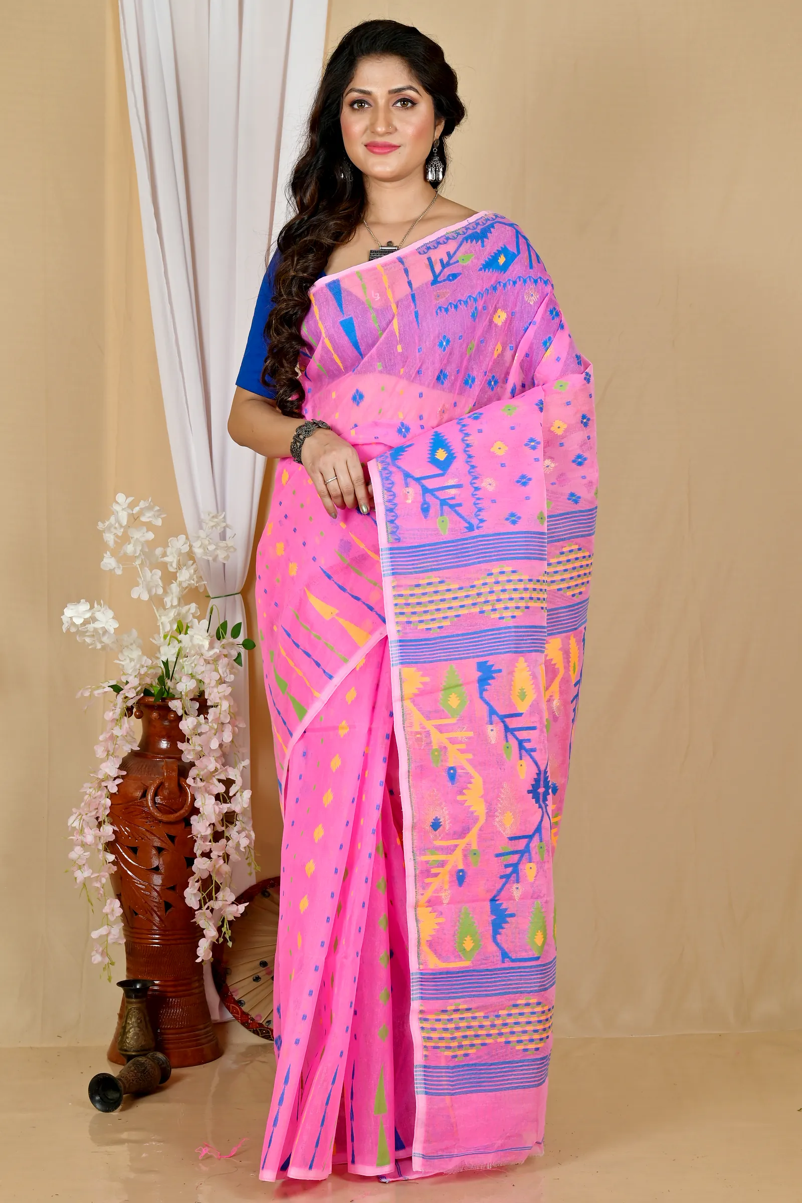 Pink Blended Cotton Rapkol Jamdani Saree (2024)
