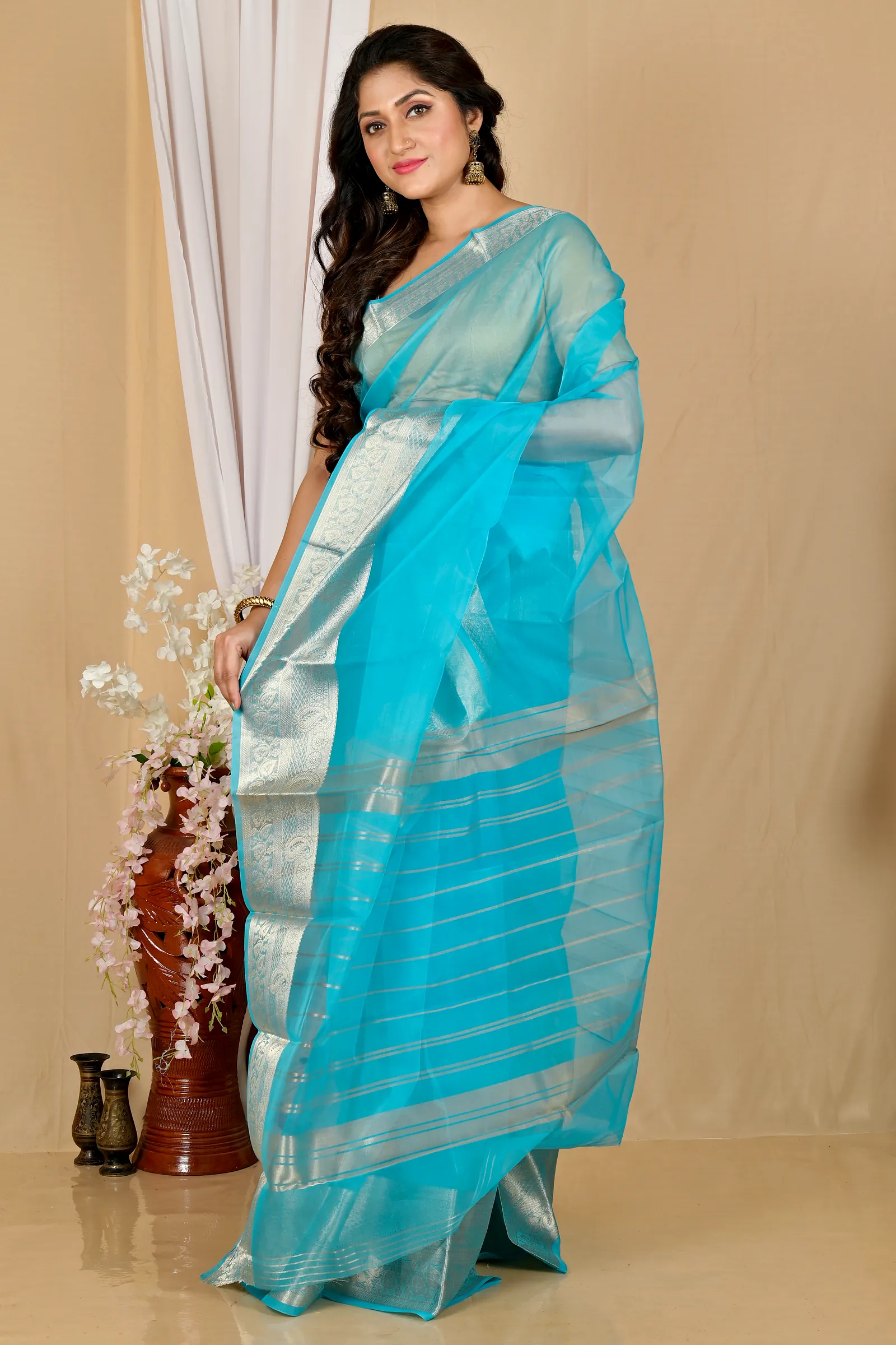 Sky Blue Blended Cotton Sikto Hand Loom Saree (2026)