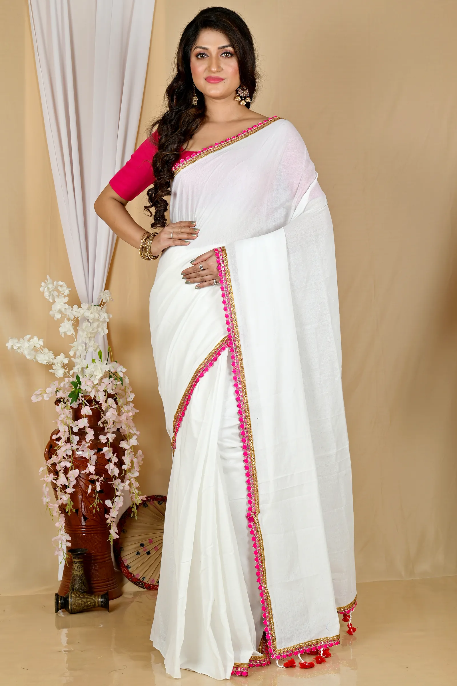 White Pure Cotton Thanli Hand Loom Saree (2034)