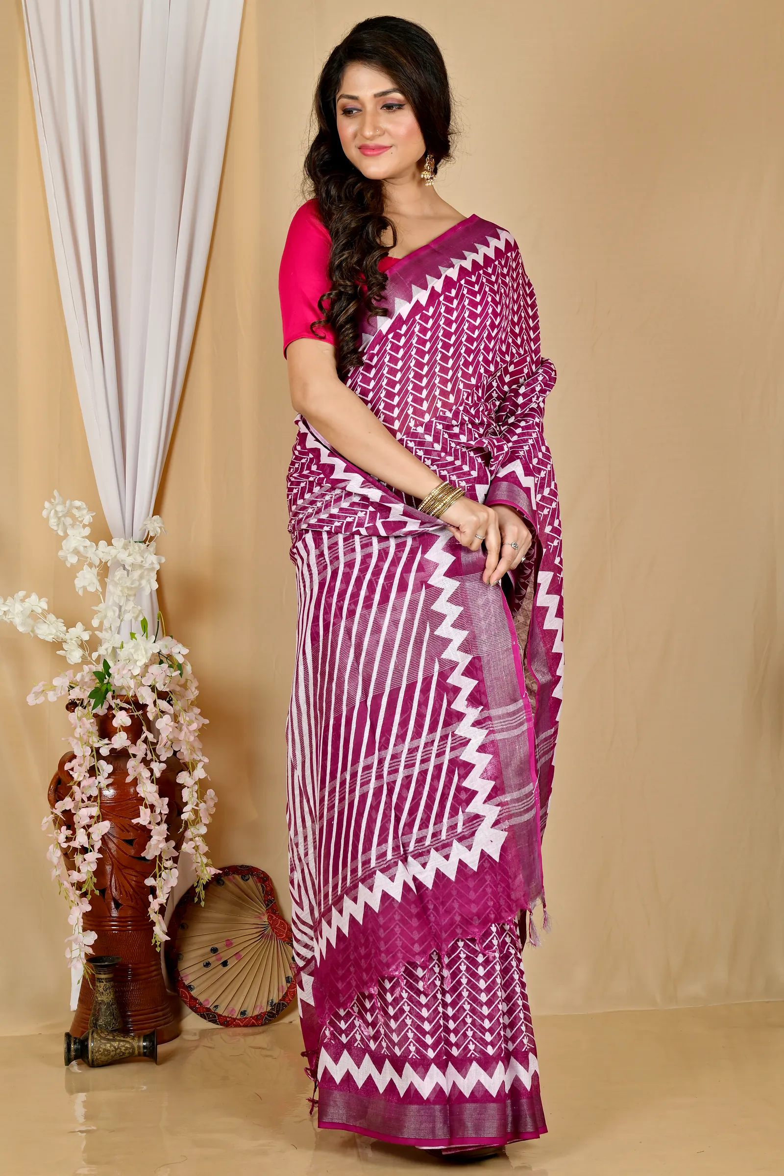 Purple Cotton Sebai Batik Print Saree (2036)