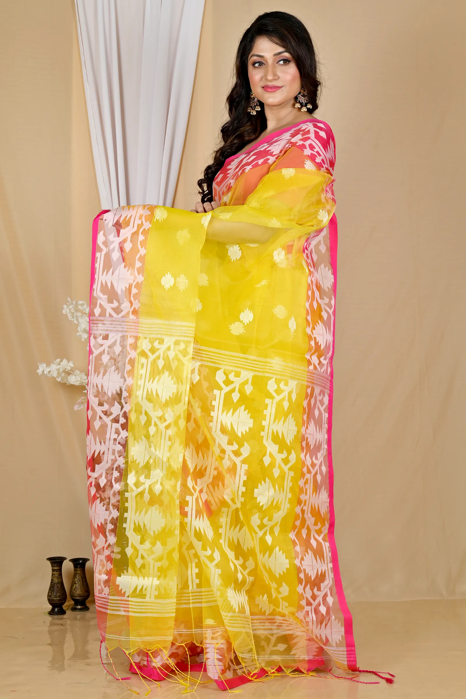 Yellow Cotton Monimal Muslin saree (2044)