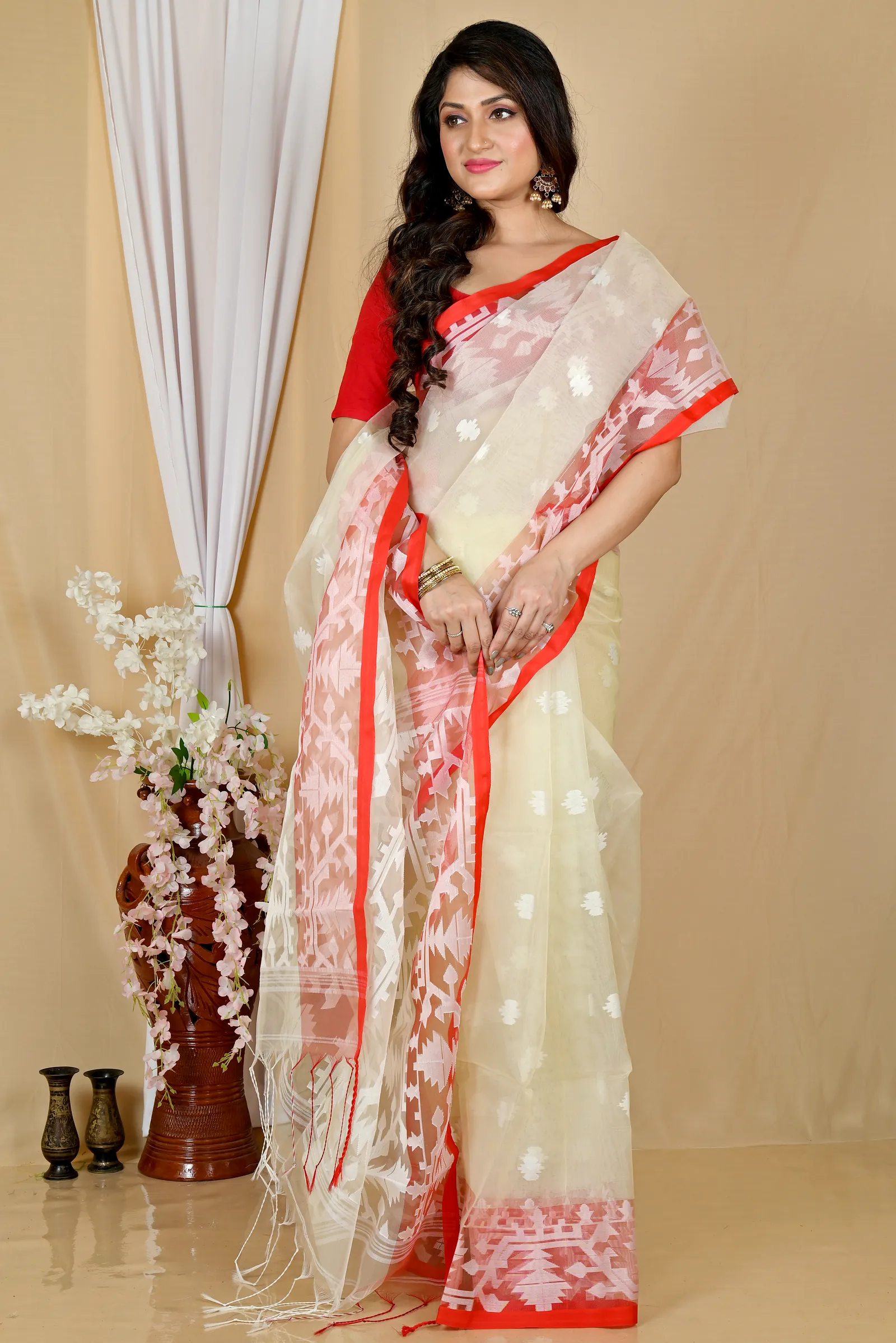 Cream Cotton Monimal Muslin saree (2045)