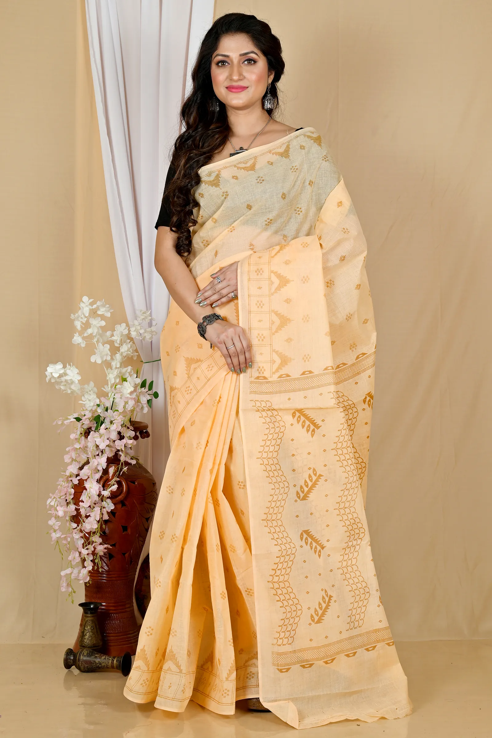 Cream Pure Cotton Lupata Tant Saree Print (2052)