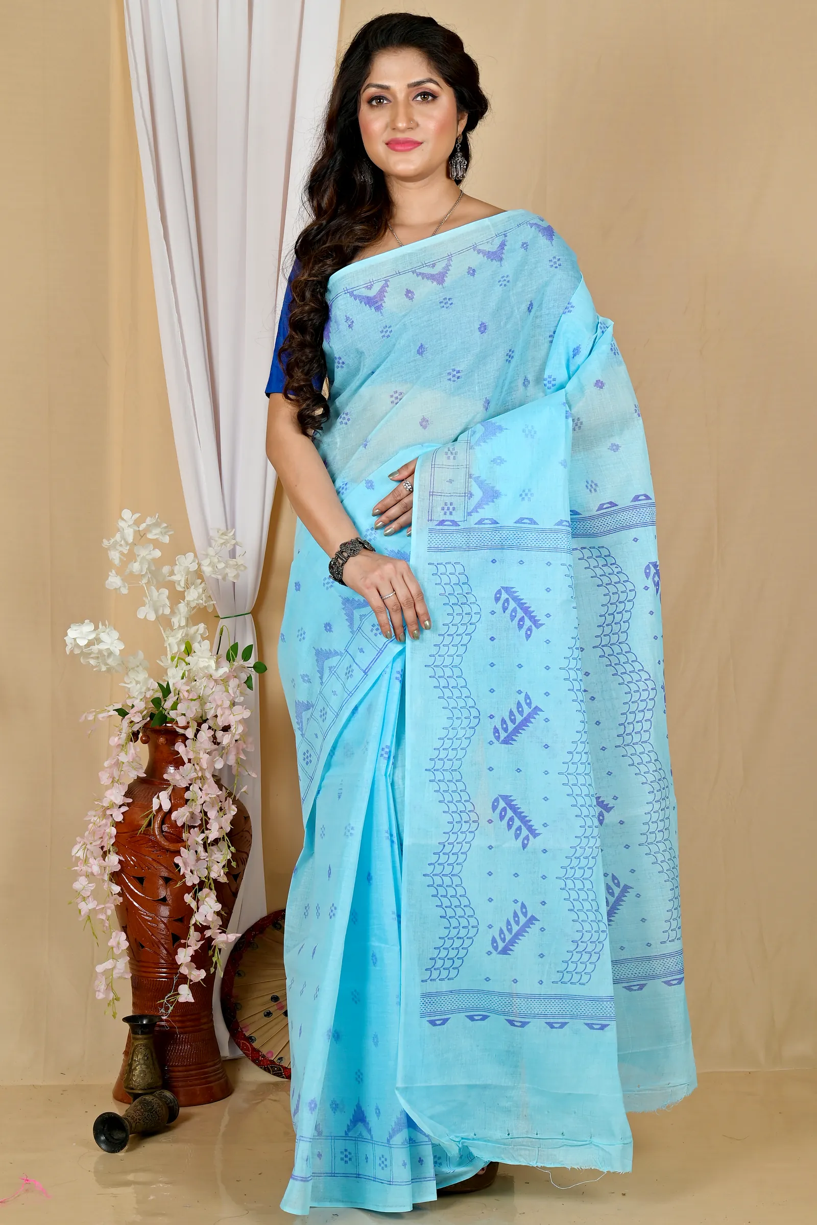 Sky Blue Pure Cotton Lupata Tant Saree Print (2055)