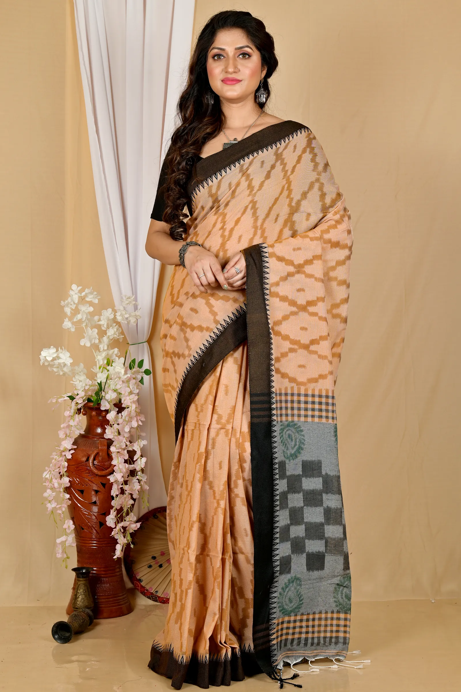 Brown Black Pure Cotton Seuma Hand Loom Saree (2067)