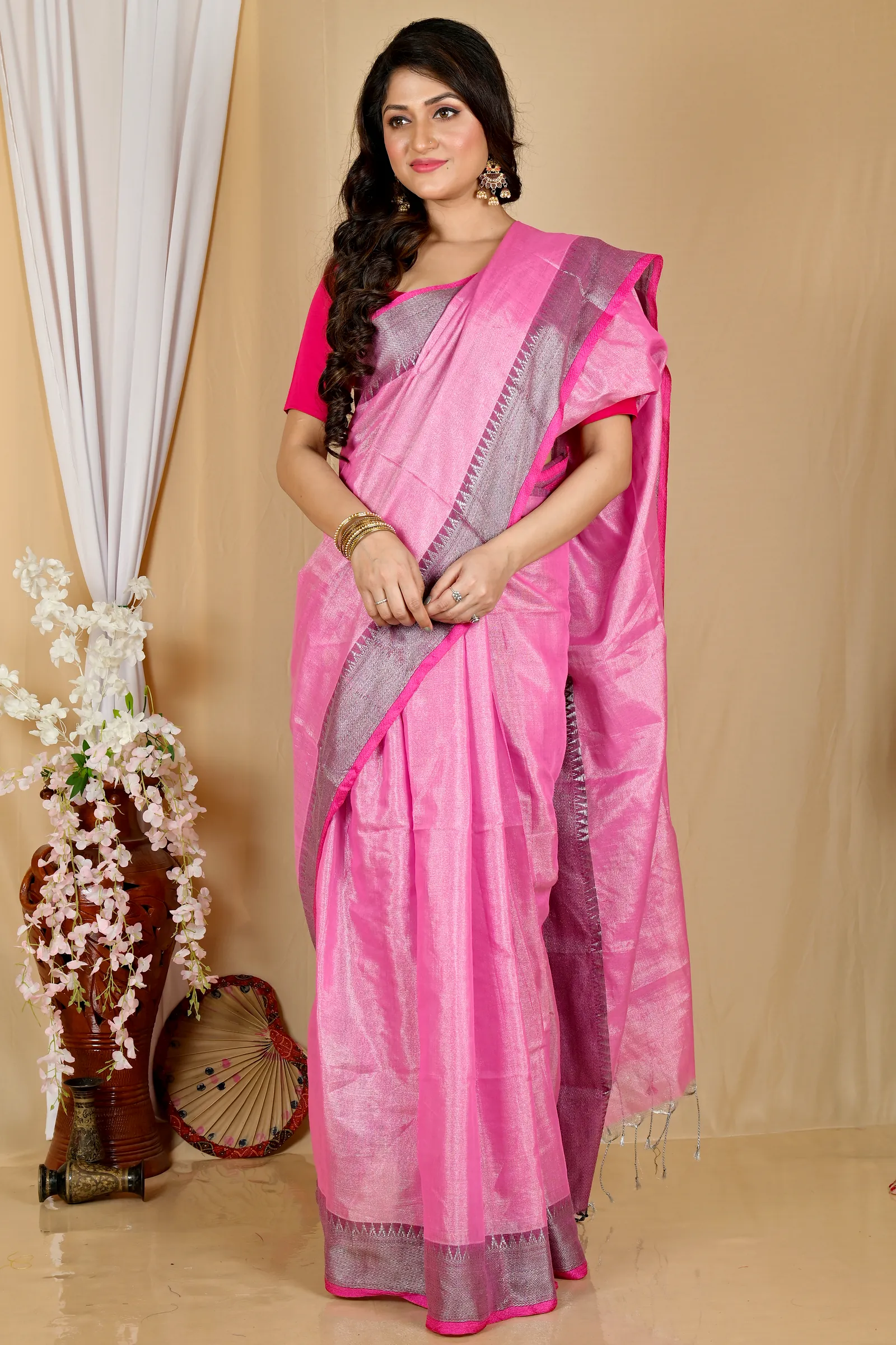 Pink Cotton Silk Tisuka Par Hand Loom Saree (2069)