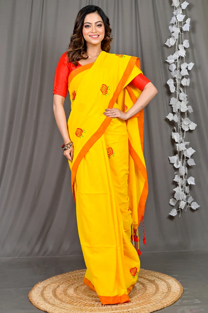 Yellow Red Pure Cotton Parag Embroidery Handloom saree (207)
