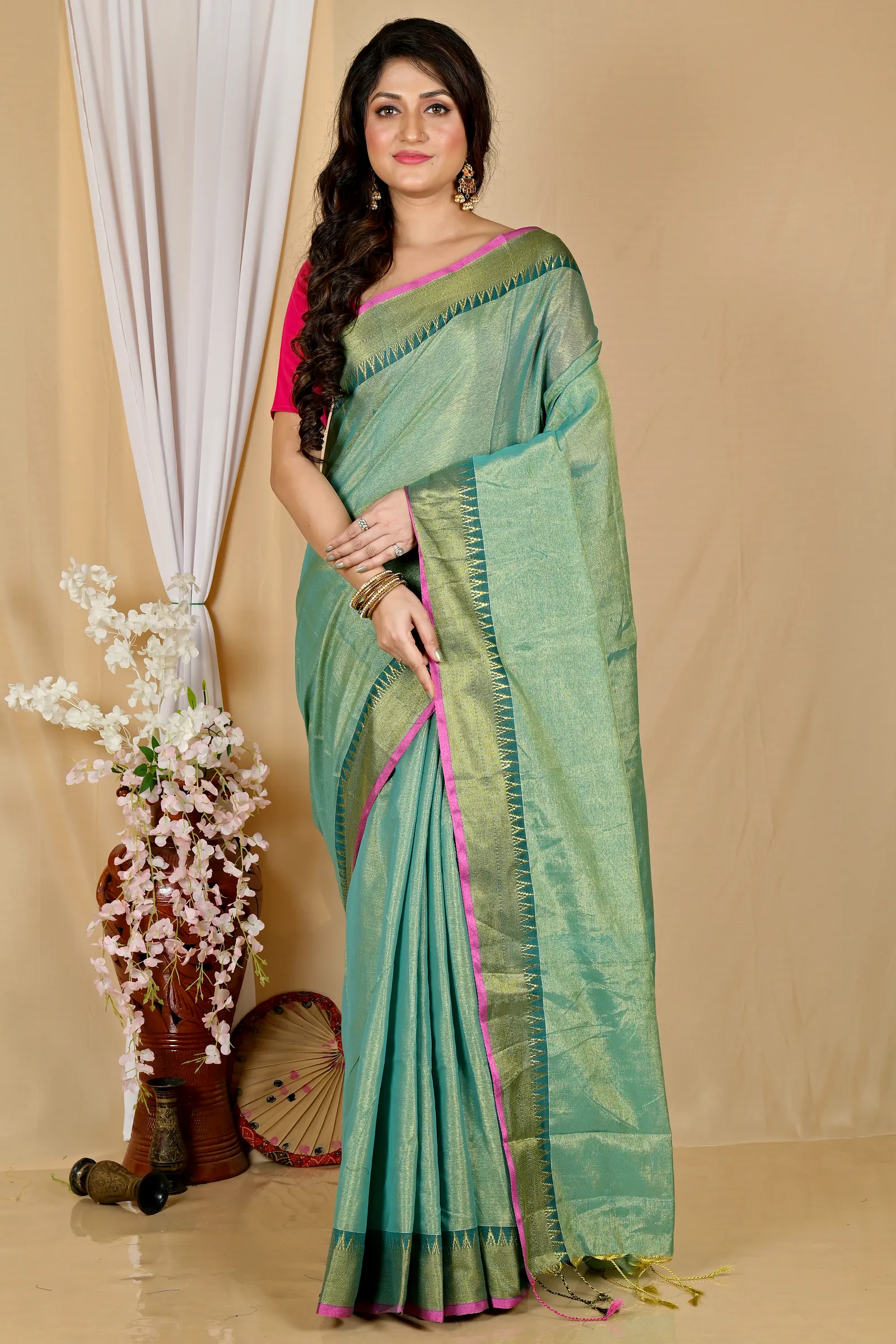 Green Cotton Silk Tisuka Par Hand Loom Saree (2070)